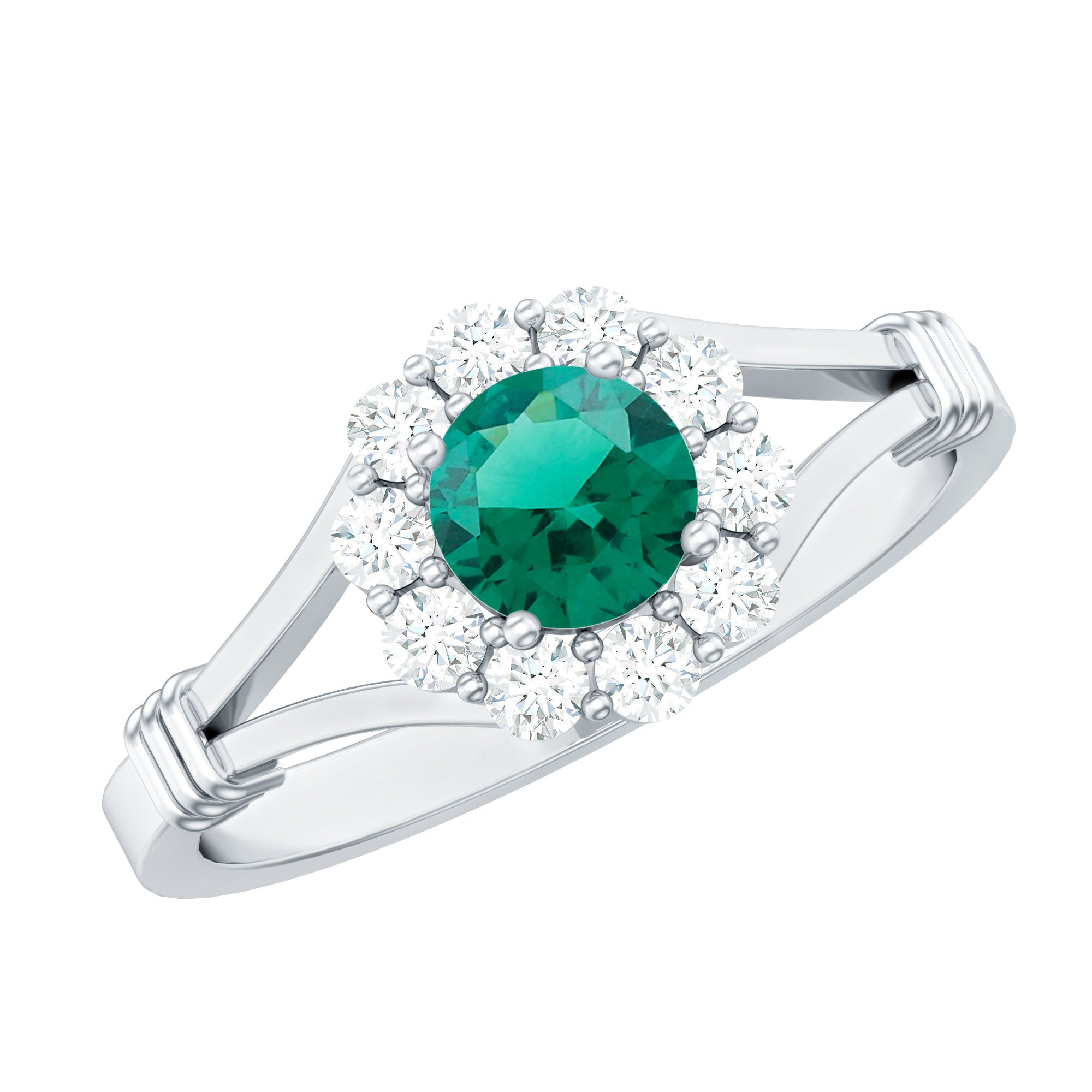 Certified 0.8 Carat Lab Grown Emerald Diamond Flower Engagement Ring with Split Shank