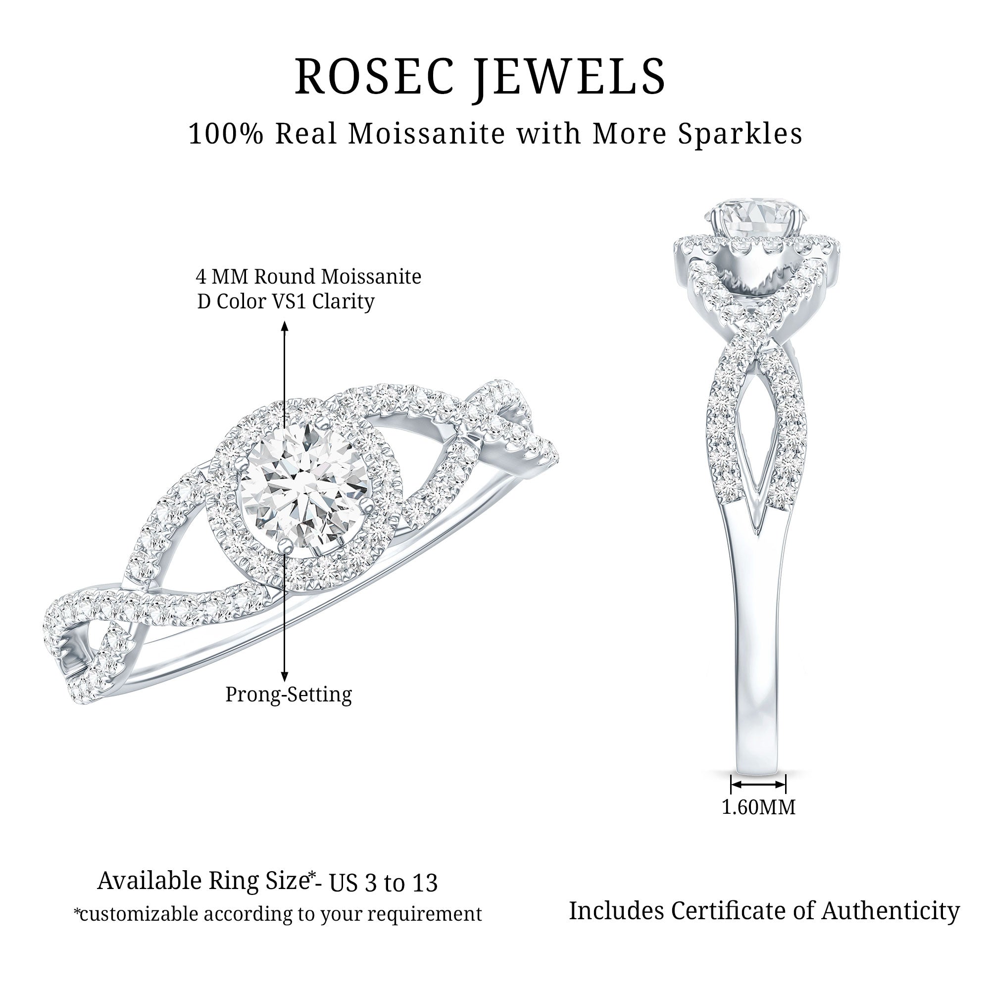 Round Shape Moissanite Crossover Engagement Ring for Women
