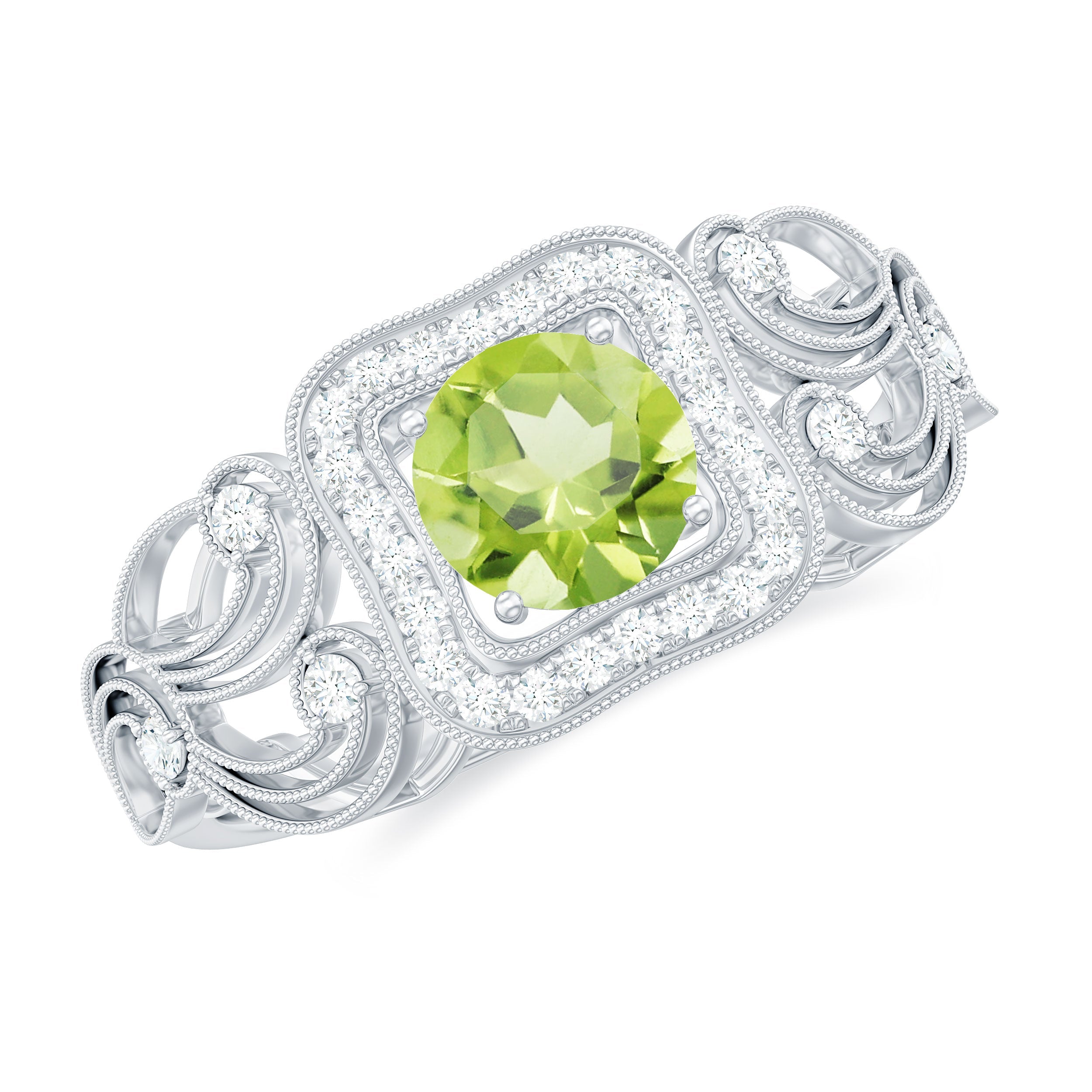 Vintage Style 0.5 Carat Peridot Engagement Ring with Diamond Halo