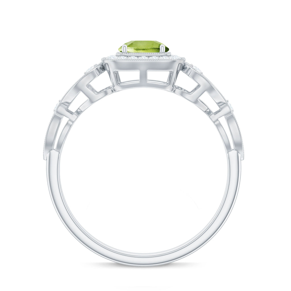 Vintage Style 0.5 Carat Peridot Engagement Ring with Diamond Halo