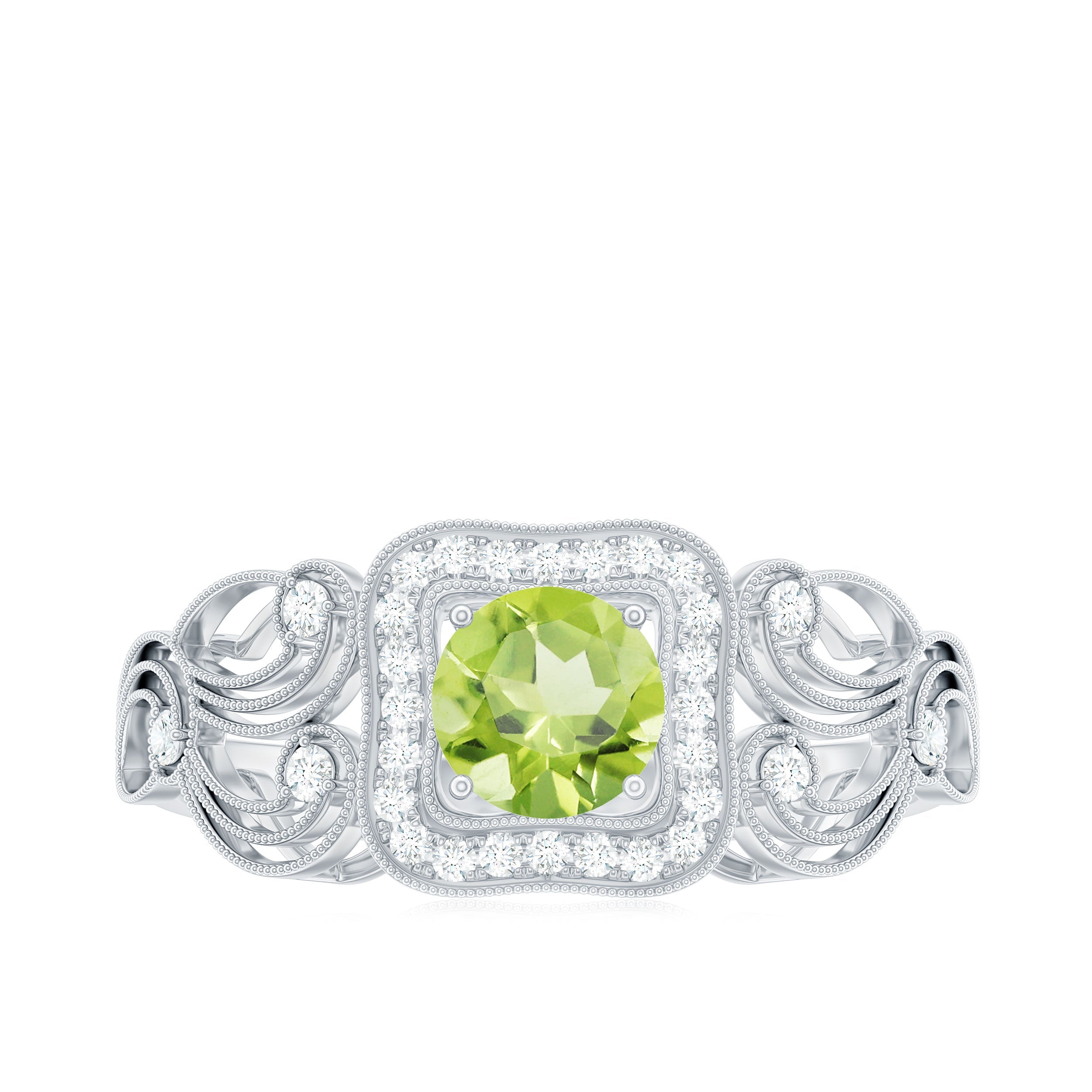 Vintage Style 0.5 Carat Peridot Engagement Ring with Diamond Halo