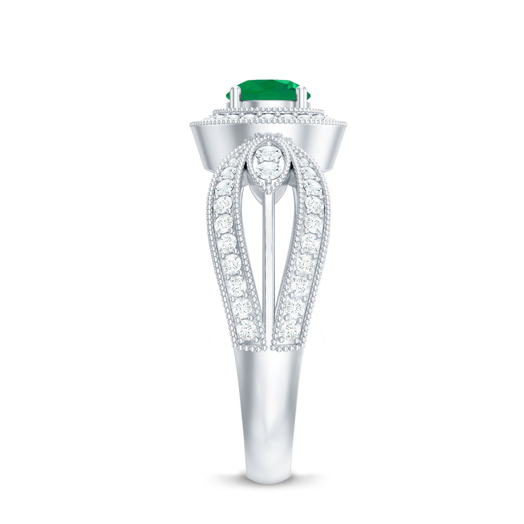 Real Emerald Diamond Vintage Looking Engagement Ring with Split Shank