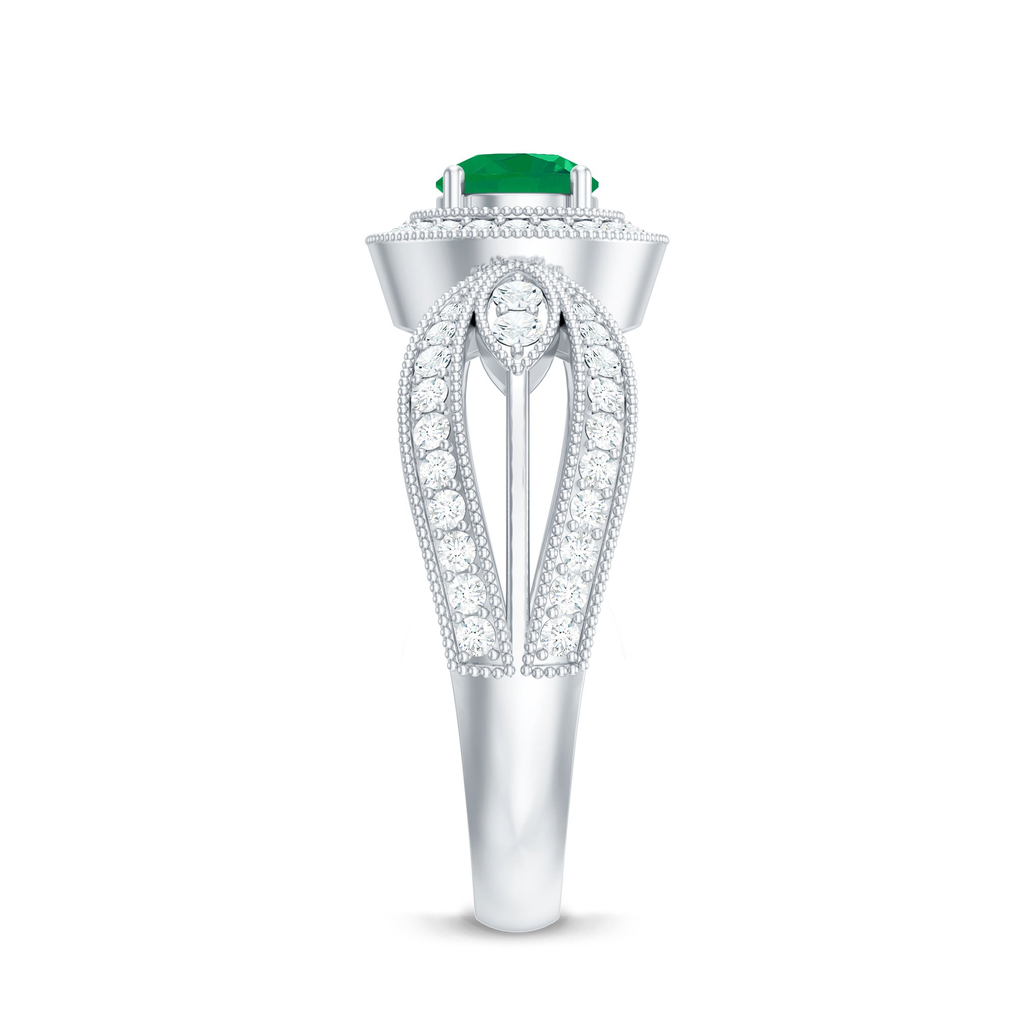 Real Emerald Diamond Vintage Looking Engagement Ring with Split Shank