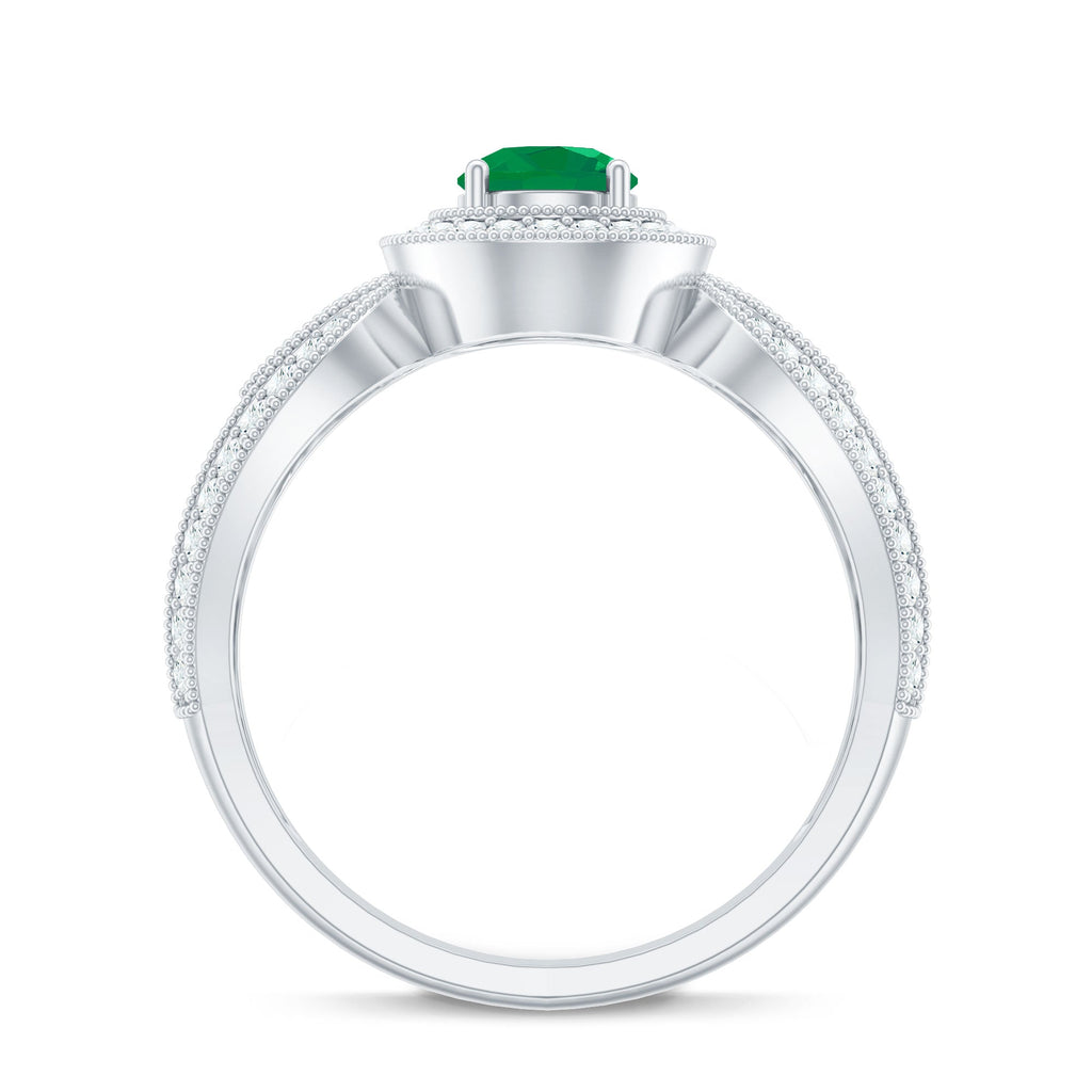 Real Emerald Diamond Vintage Looking Engagement Ring with Split Shank