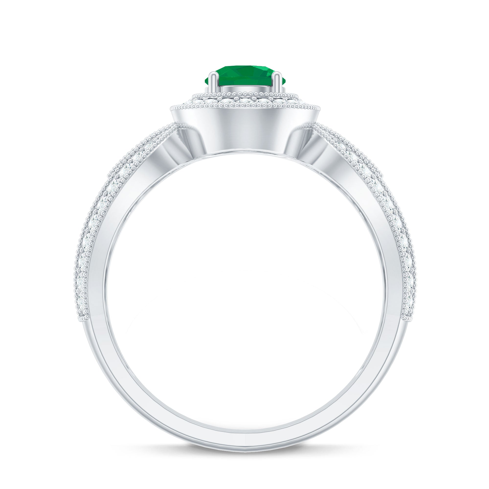 Real Emerald Diamond Vintage Looking Engagement Ring with Split Shank