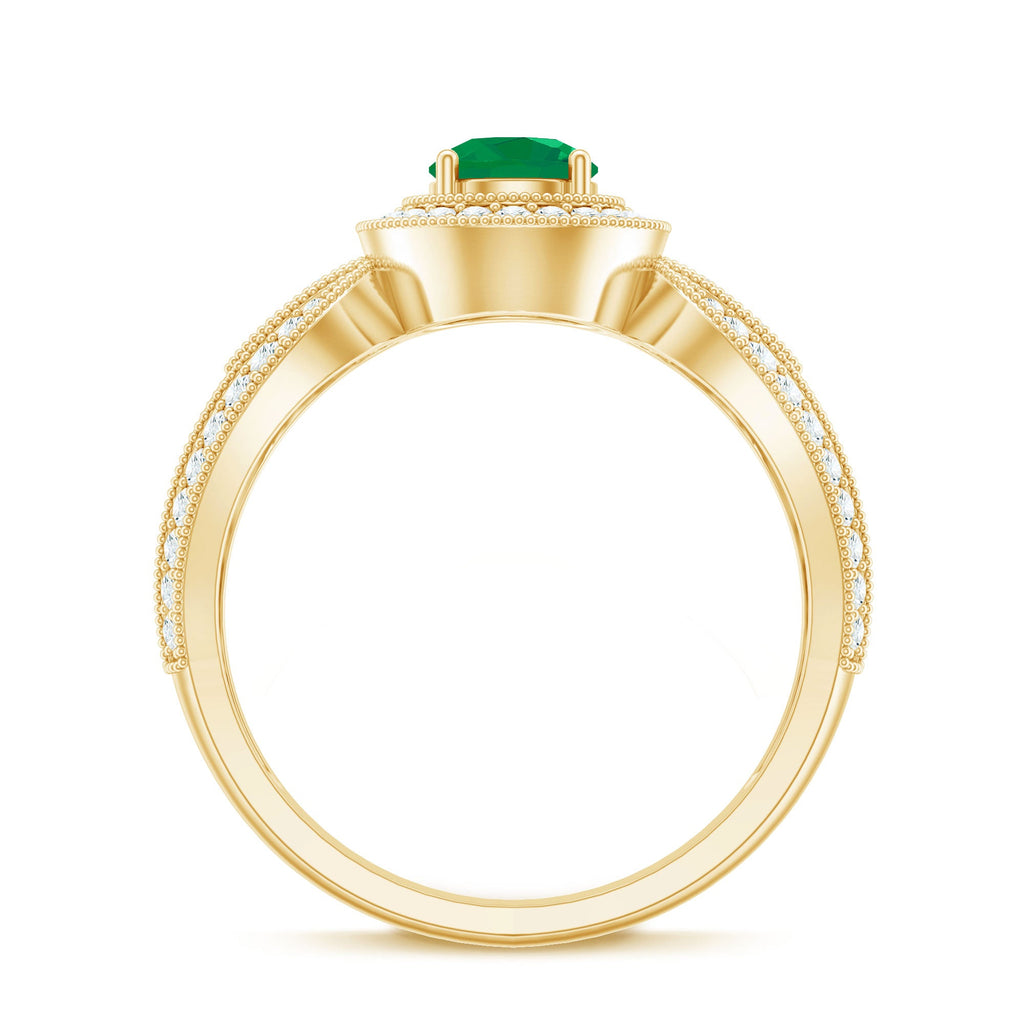 Real Emerald Diamond Vintage Looking Engagement Ring with Split Shank