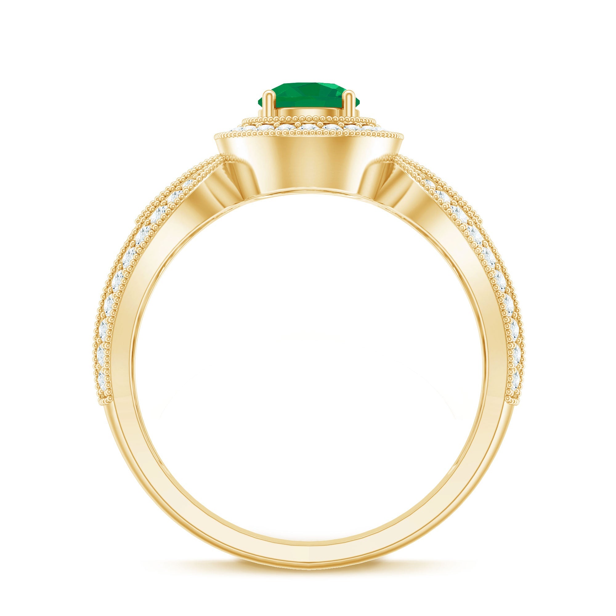 Real Emerald Diamond Vintage Looking Engagement Ring with Split Shank