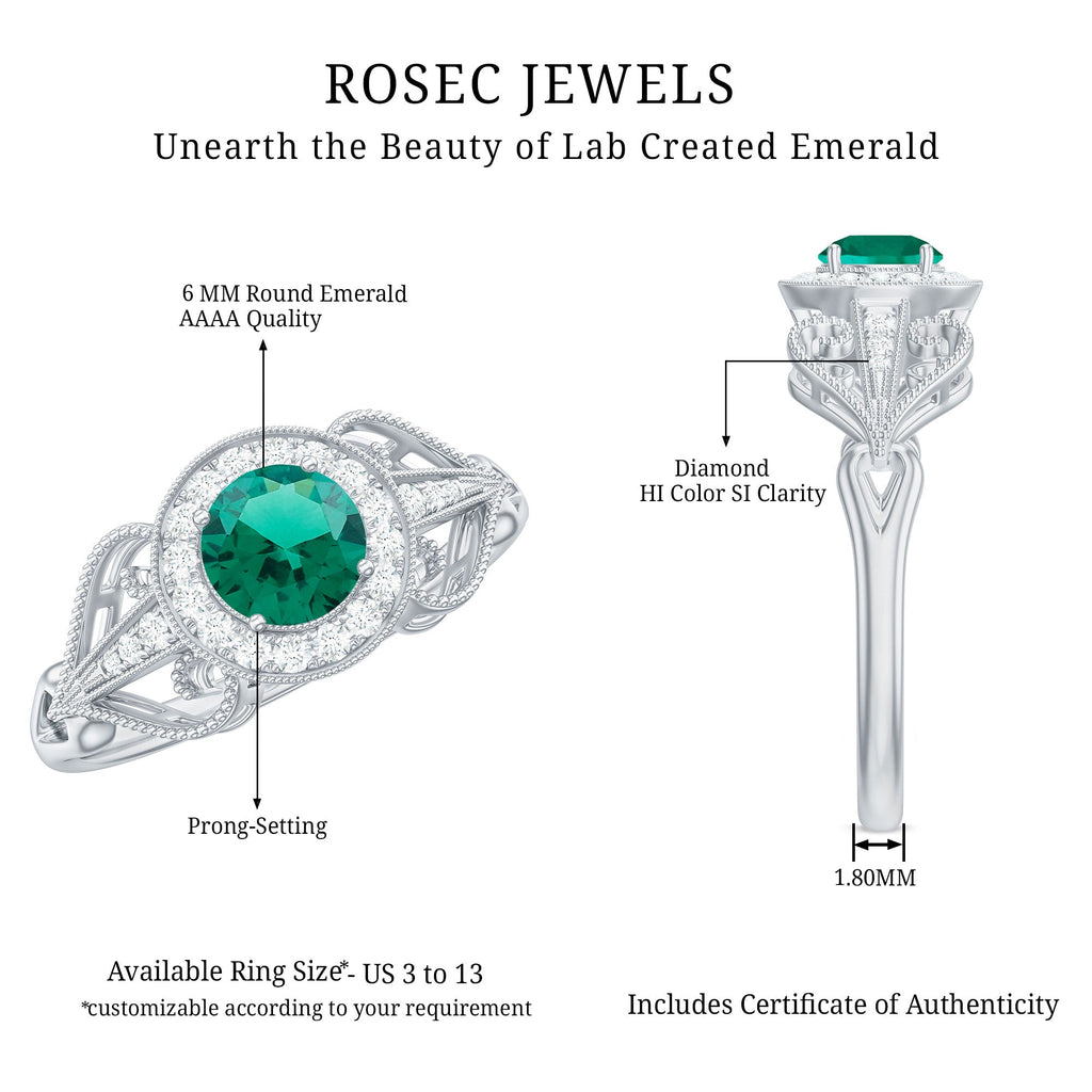 Certified Lab Grown Emerald Vintage Looking Engagement Ring with Diamond