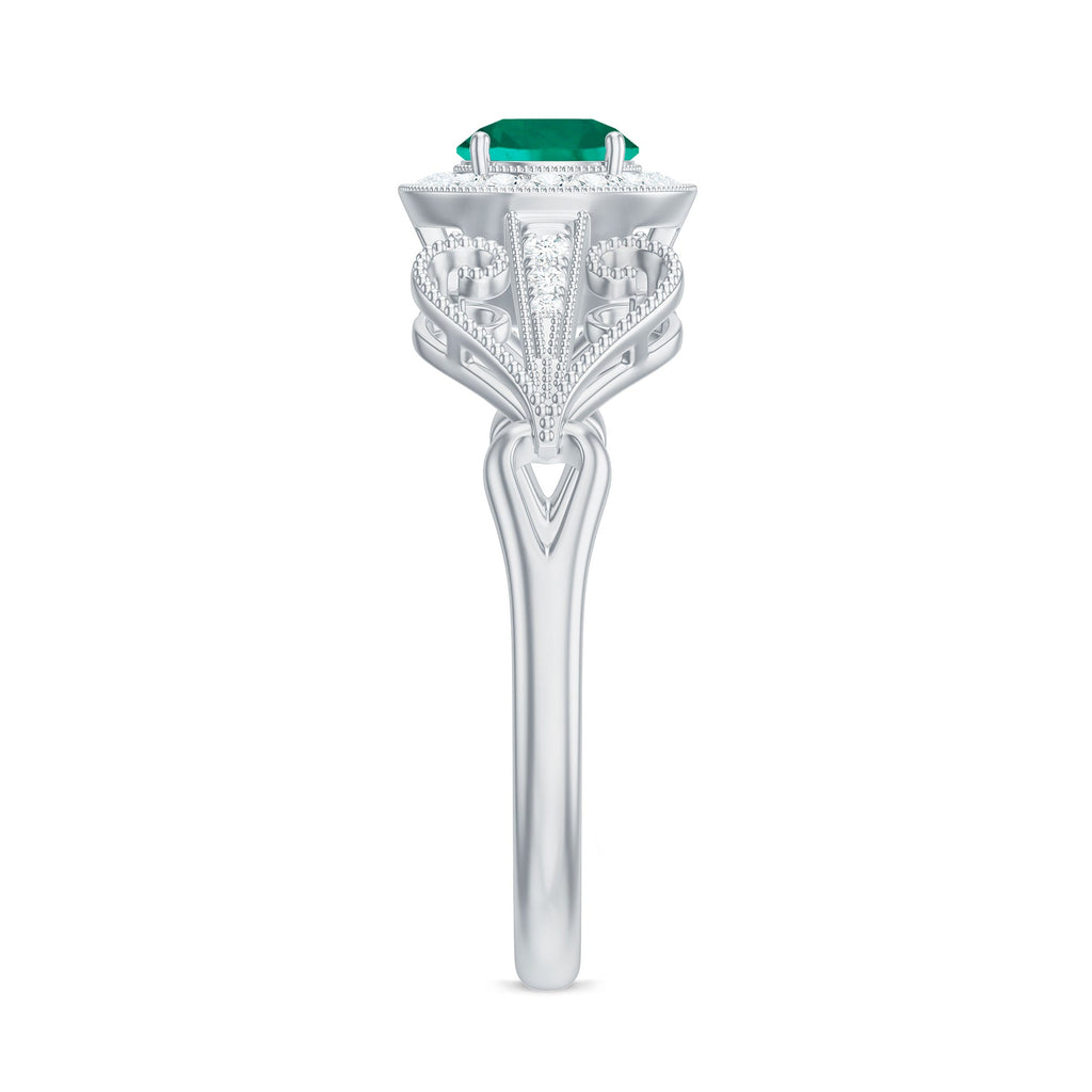Certified Lab Grown Emerald Vintage Looking Engagement Ring with Diamond