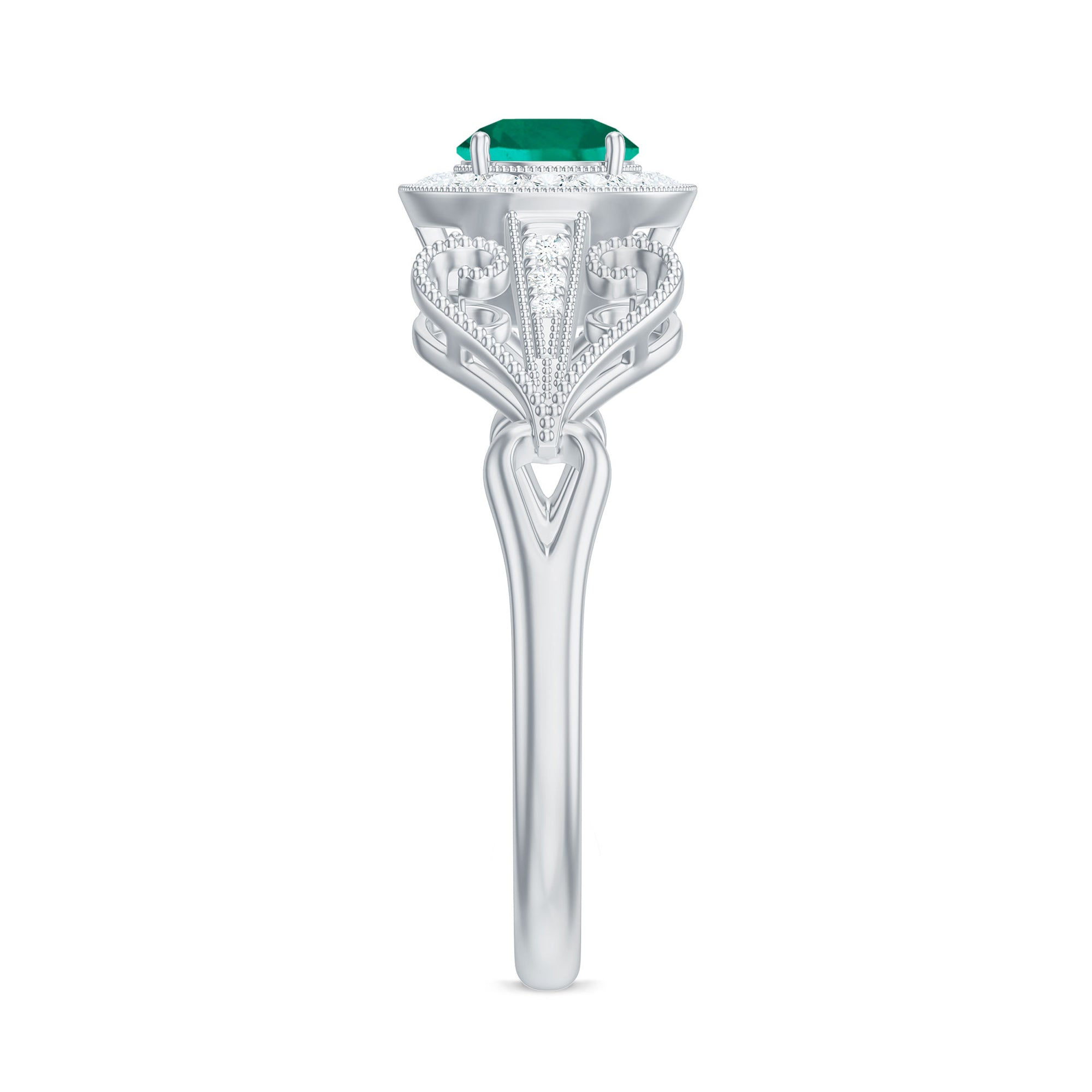Certified Lab Grown Emerald Vintage Looking Engagement Ring with Diamond