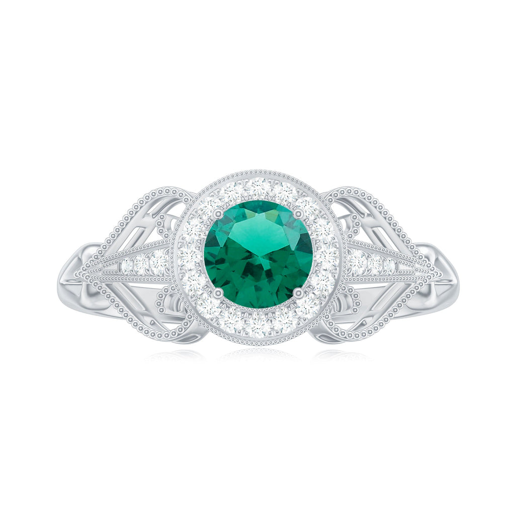 Certified Lab Grown Emerald Vintage Looking Engagement Ring with Diamond