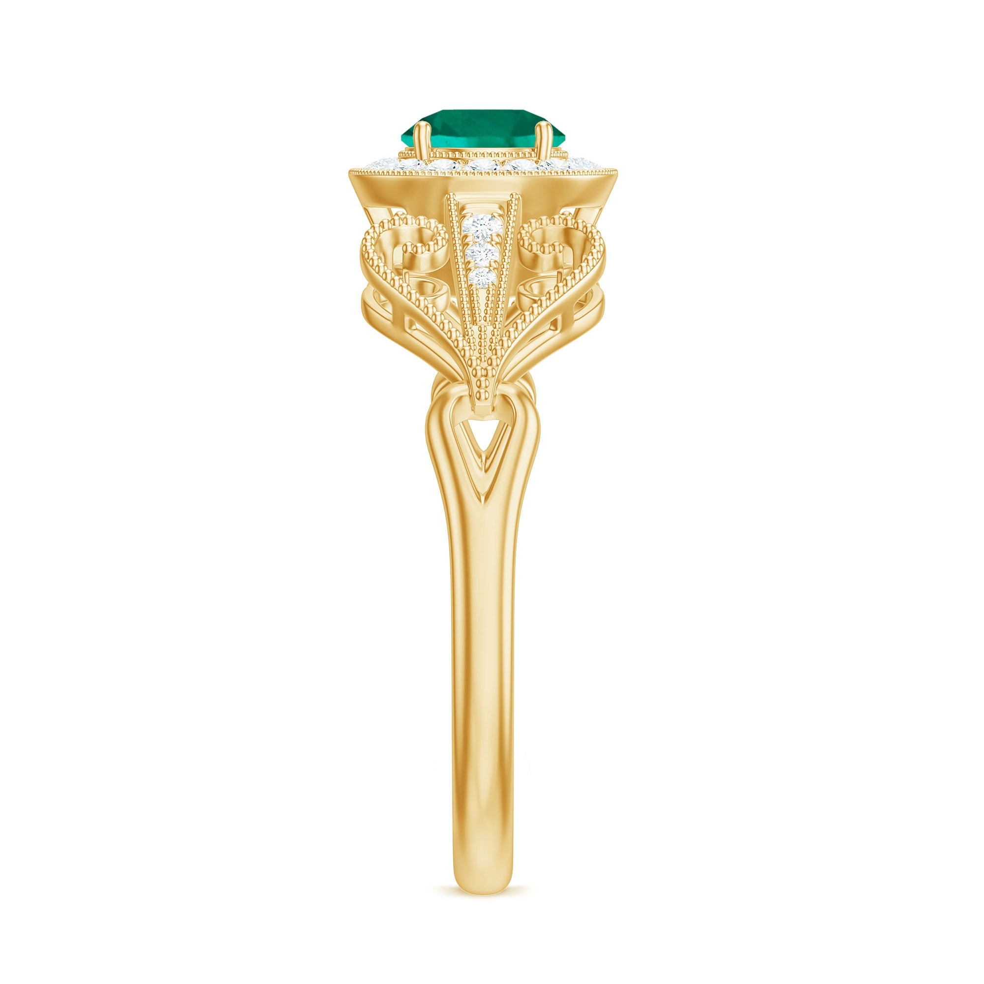 Certified Lab Grown Emerald Vintage Looking Engagement Ring with Diamond