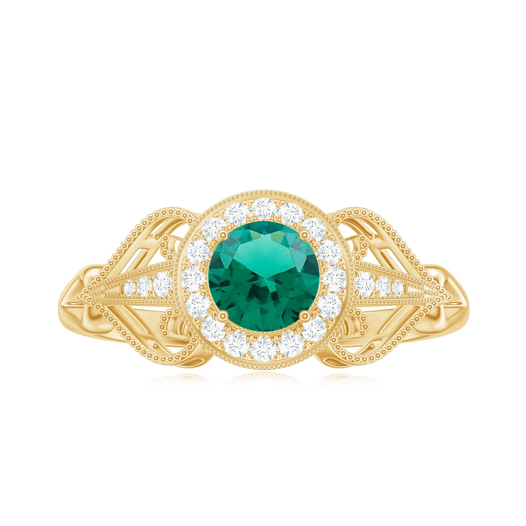 Certified Lab Grown Emerald Vintage Looking Engagement Ring with Diamond