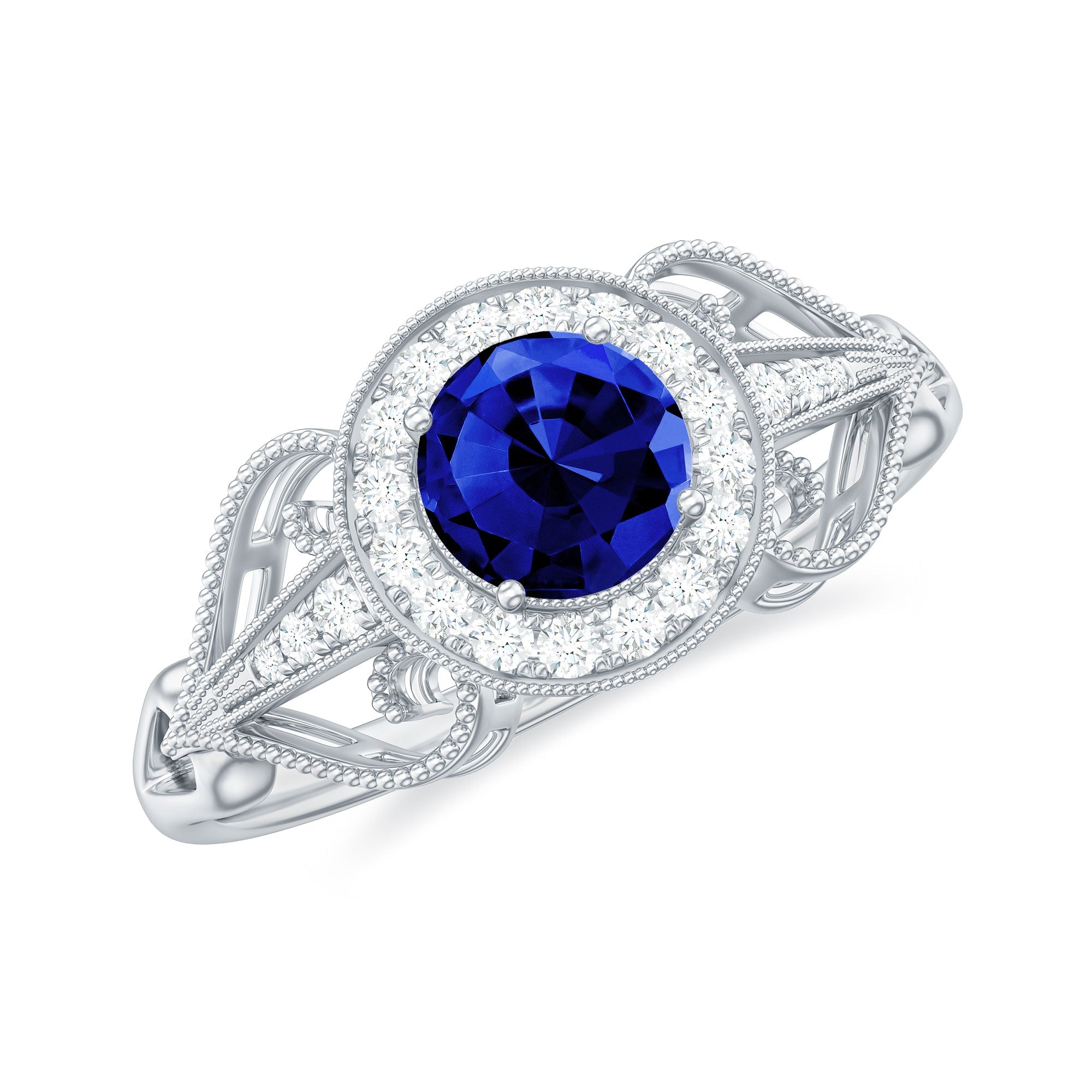 Certified 0.6 Carat Lab Grown Blue Sapphire Retro Engagement Ring with Diamond