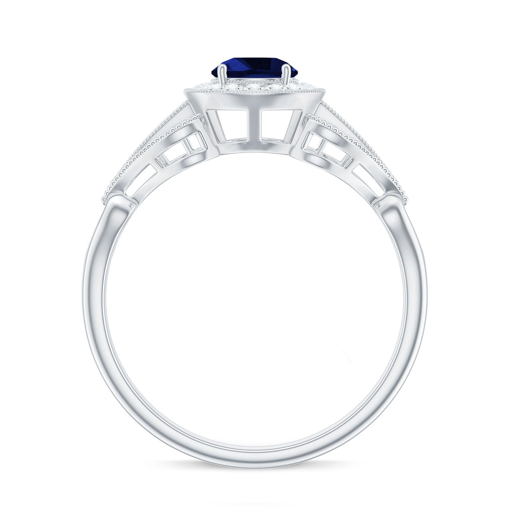 Certified 0.6 Carat Lab Grown Blue Sapphire Retro Engagement Ring with Diamond