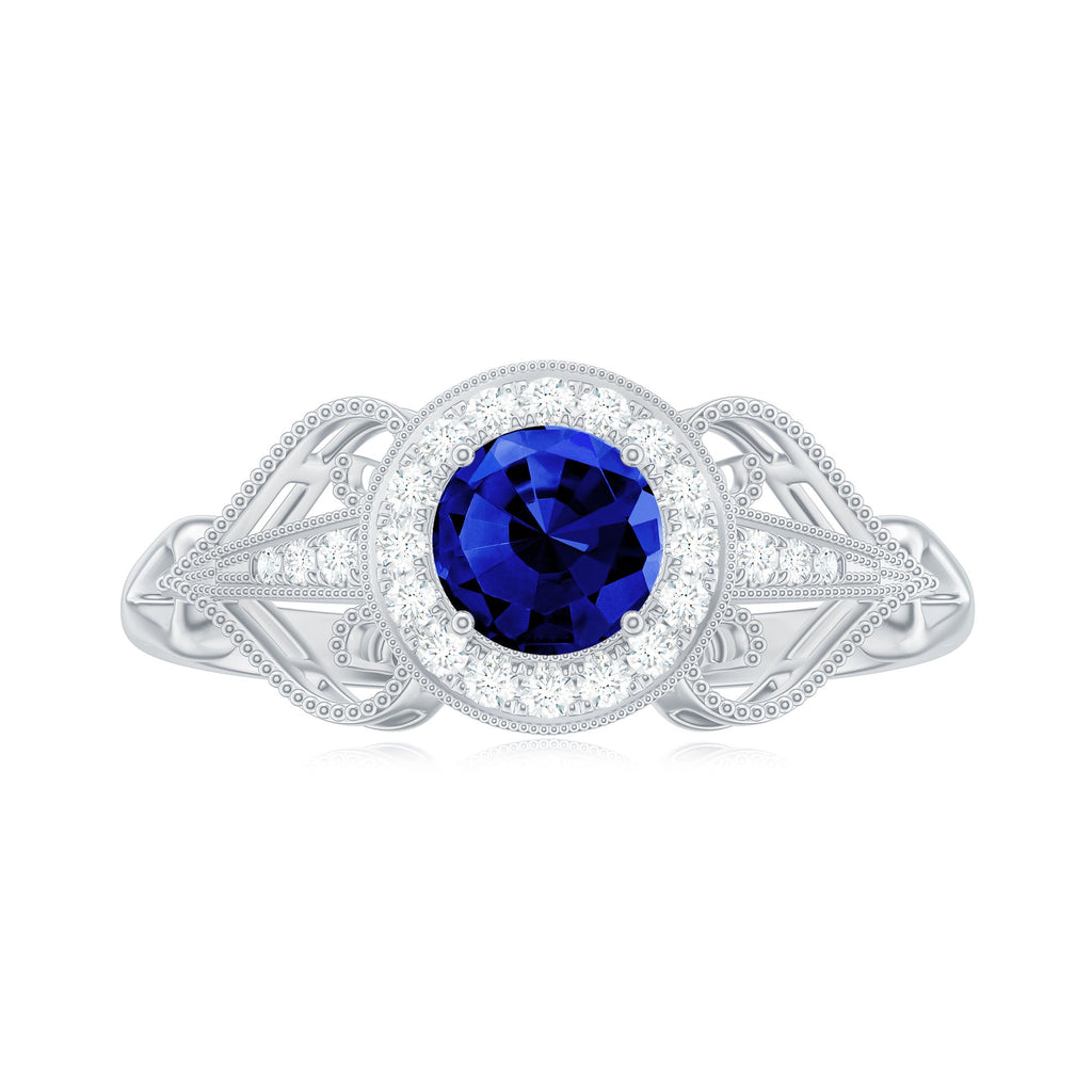 Certified 0.6 Carat Lab Grown Blue Sapphire Retro Engagement Ring with Diamond