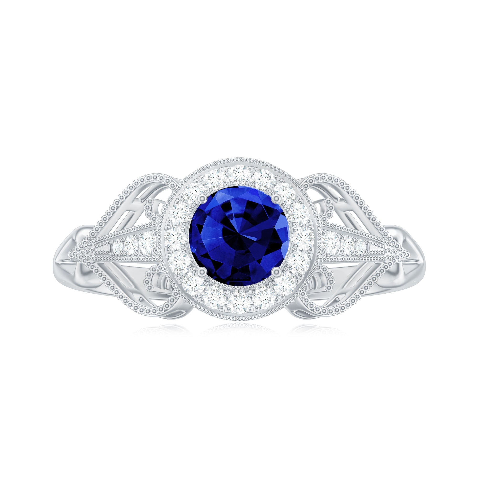 Certified 0.6 Carat Lab Grown Blue Sapphire Retro Engagement Ring with Diamond
