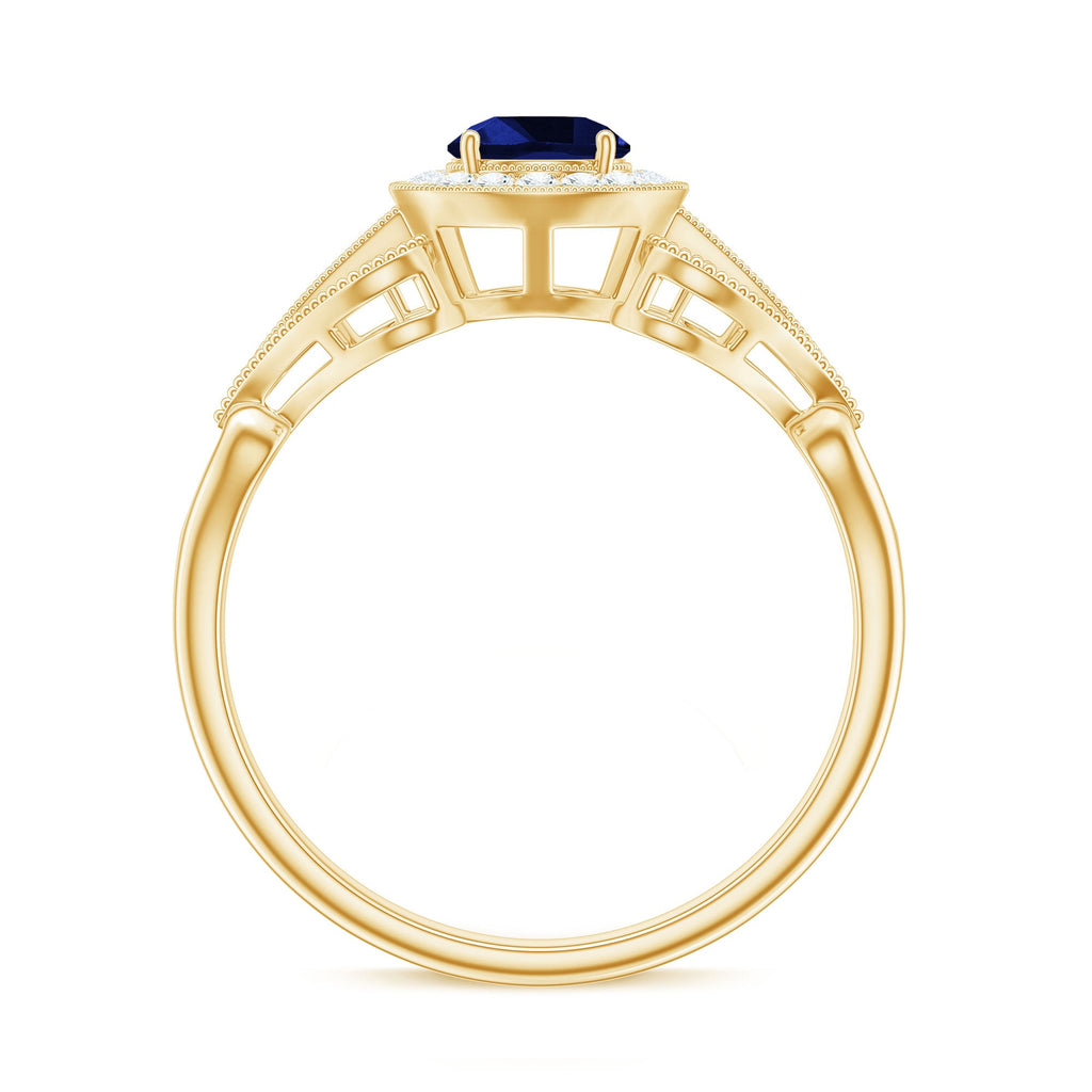 Certified 0.6 Carat Lab Grown Blue Sapphire Retro Engagement Ring with Diamond