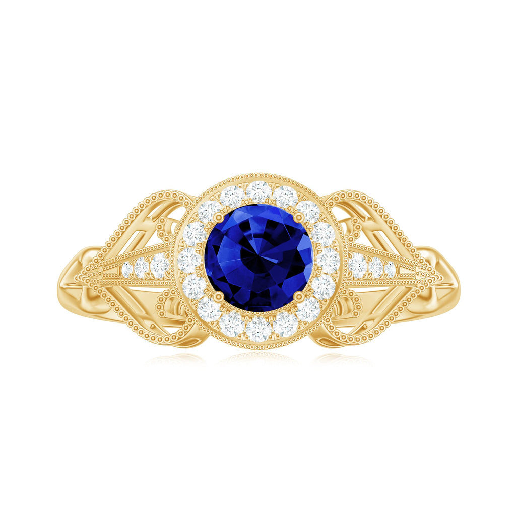 Certified 0.6 Carat Lab Grown Blue Sapphire Retro Engagement Ring with Diamond