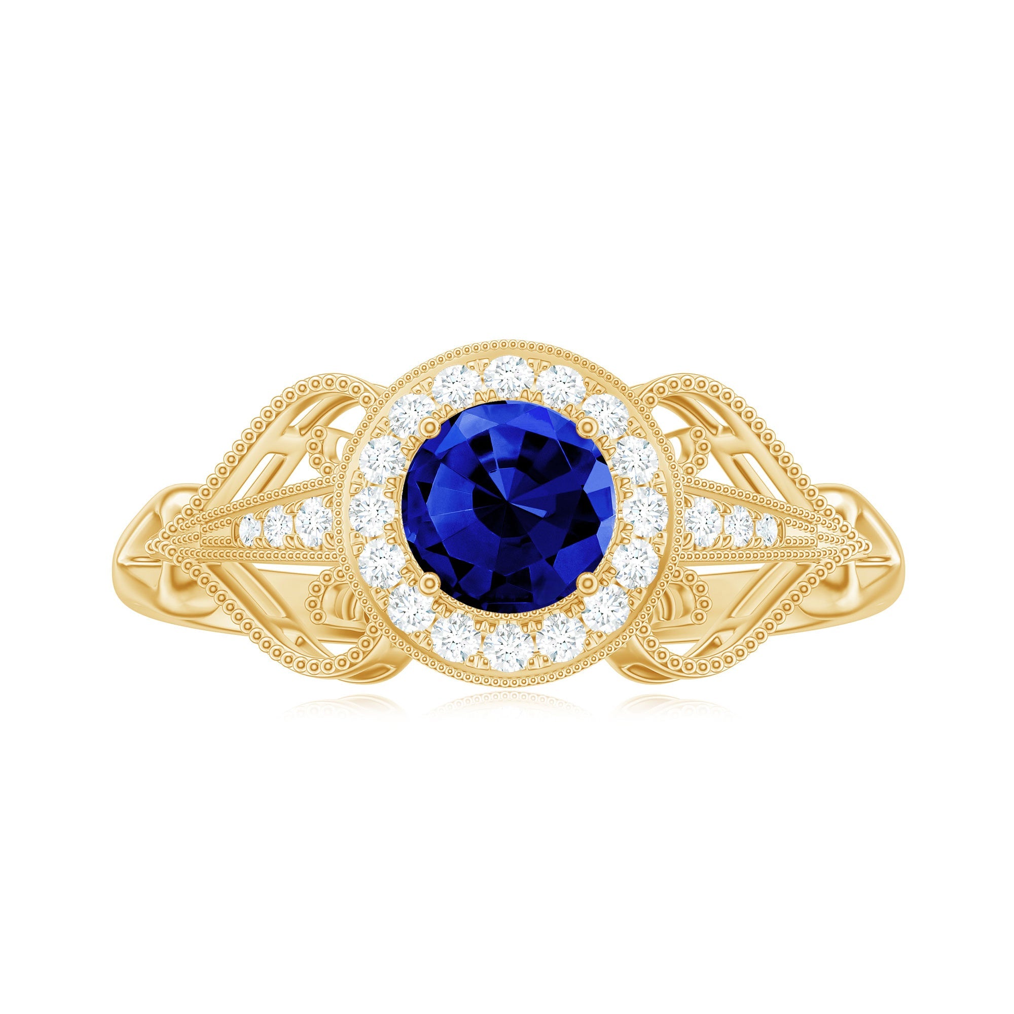 Certified 0.6 Carat Lab Grown Blue Sapphire Retro Engagement Ring with Diamond