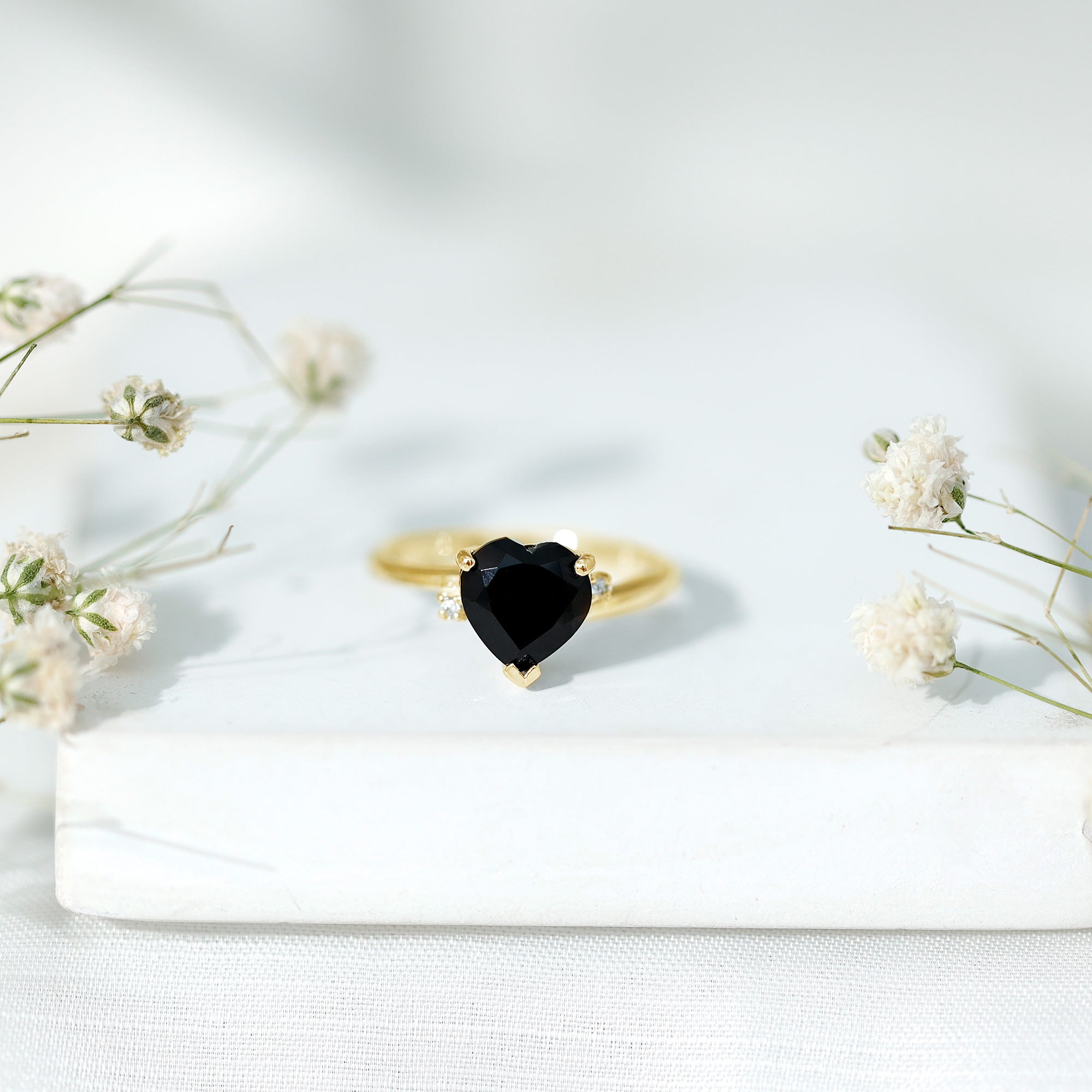 Heart Shaped Black Onyx Engagement Ring with Diamonds