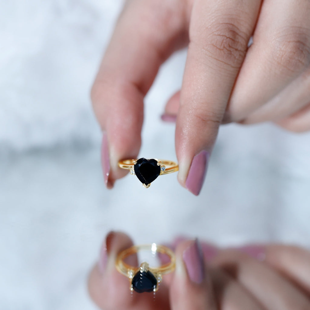 Heart Shaped Black Onyx Engagement Ring with Diamonds