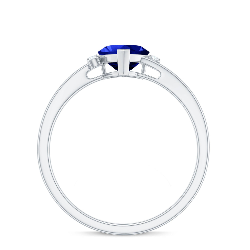 Heart Shape Created Blue Sapphire Solitaire Engagement Ring with Diamond