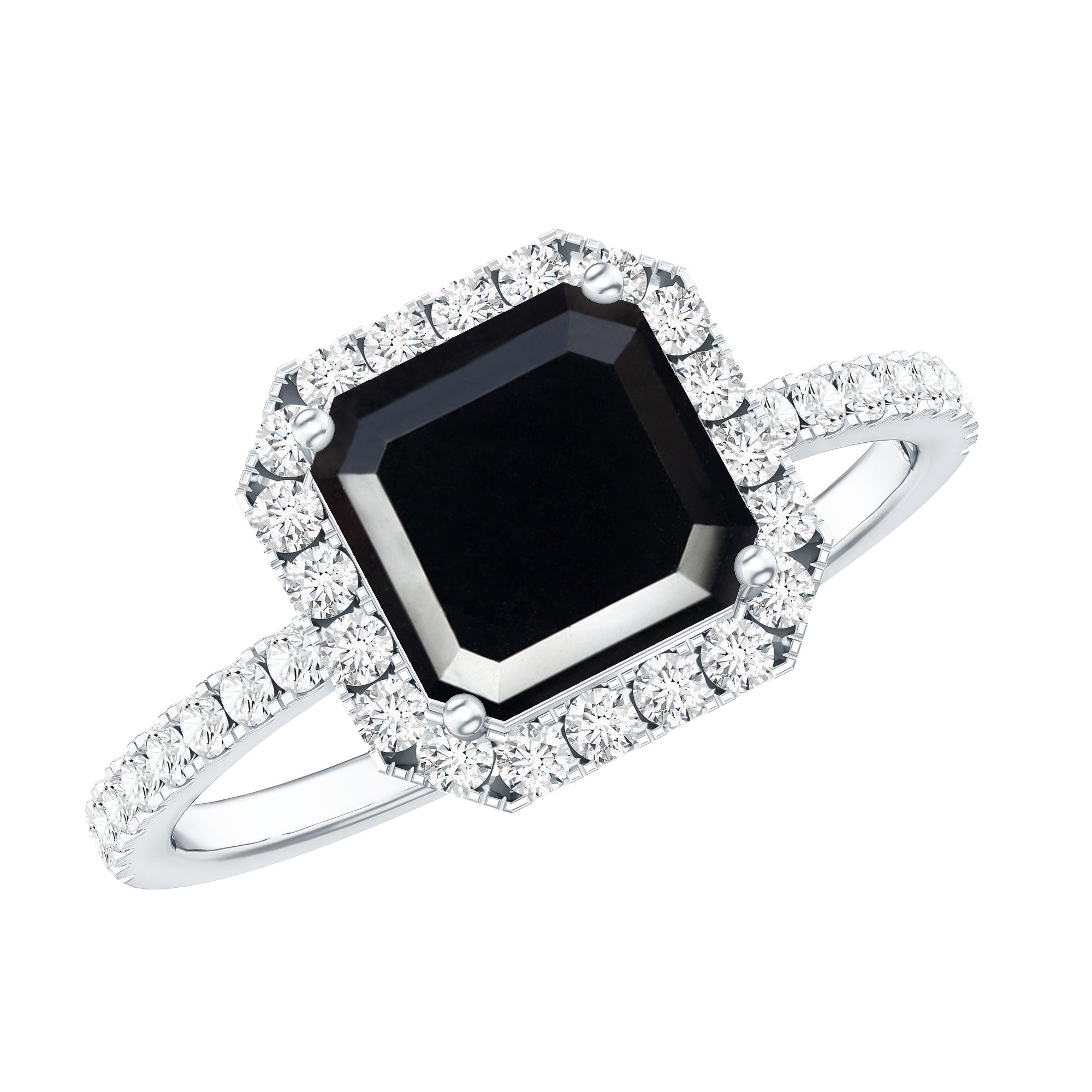 Certified Asscher Cut Black Onyx and Diamond Engagement Ring