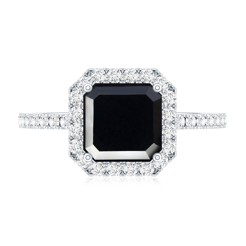 Certified Asscher Cut Black Onyx and Diamond Engagement Ring