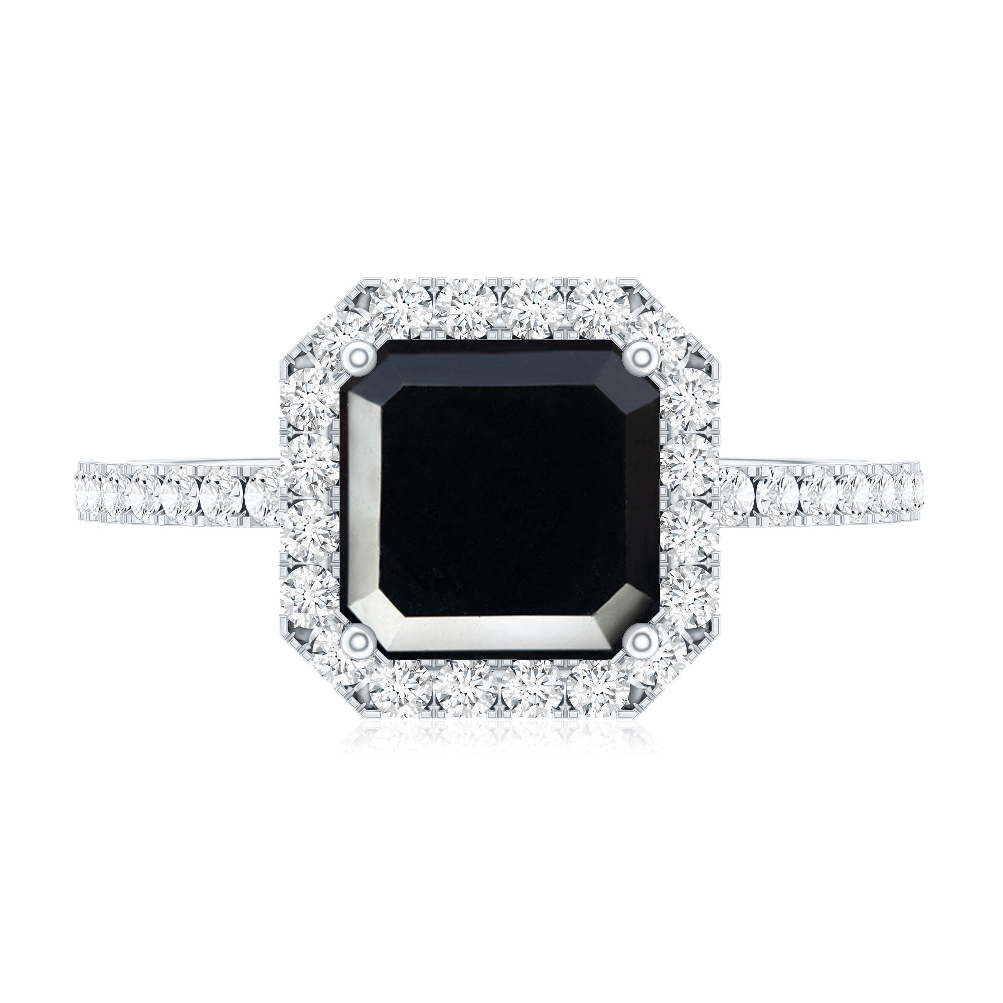 Certified Asscher Cut Black Onyx and Diamond Engagement Ring