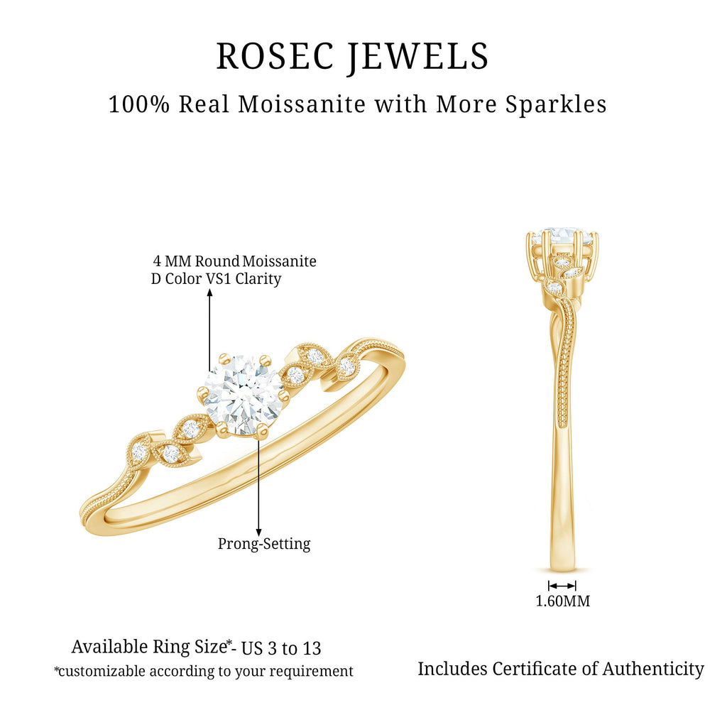 Minimalist Moissanite Leaf Promise Ring with Beaded Detail