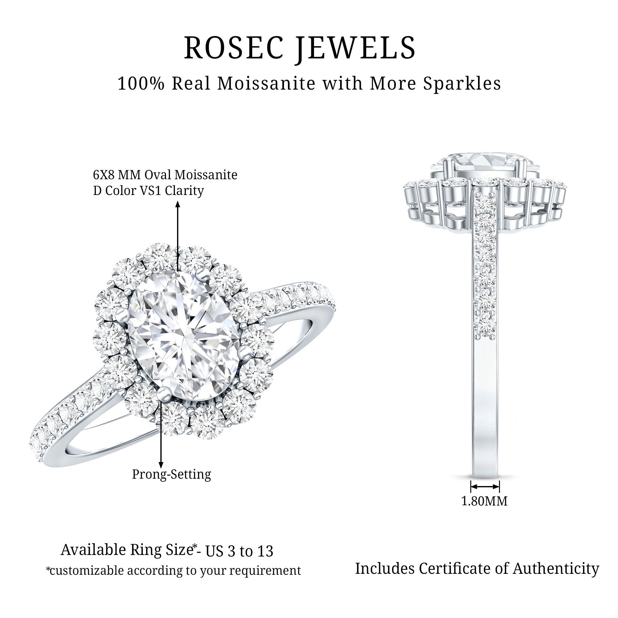 Certified 1.2 Carat Moissanite Oval Halo Engagement Ring for Women