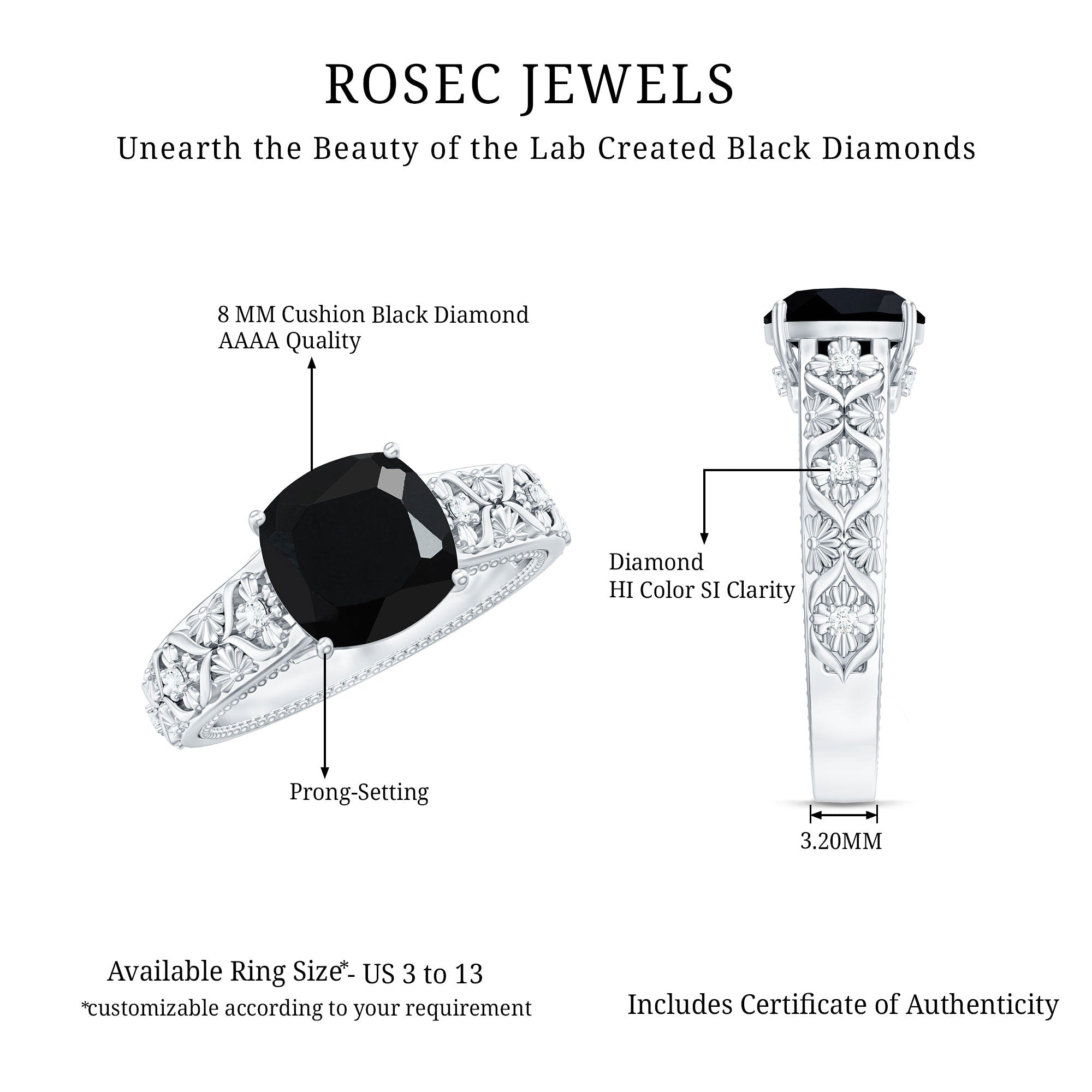 Cushion Cut 2.8 Carat Lab Grown Black Diamond Vintage Engagement Ring with White Diamond