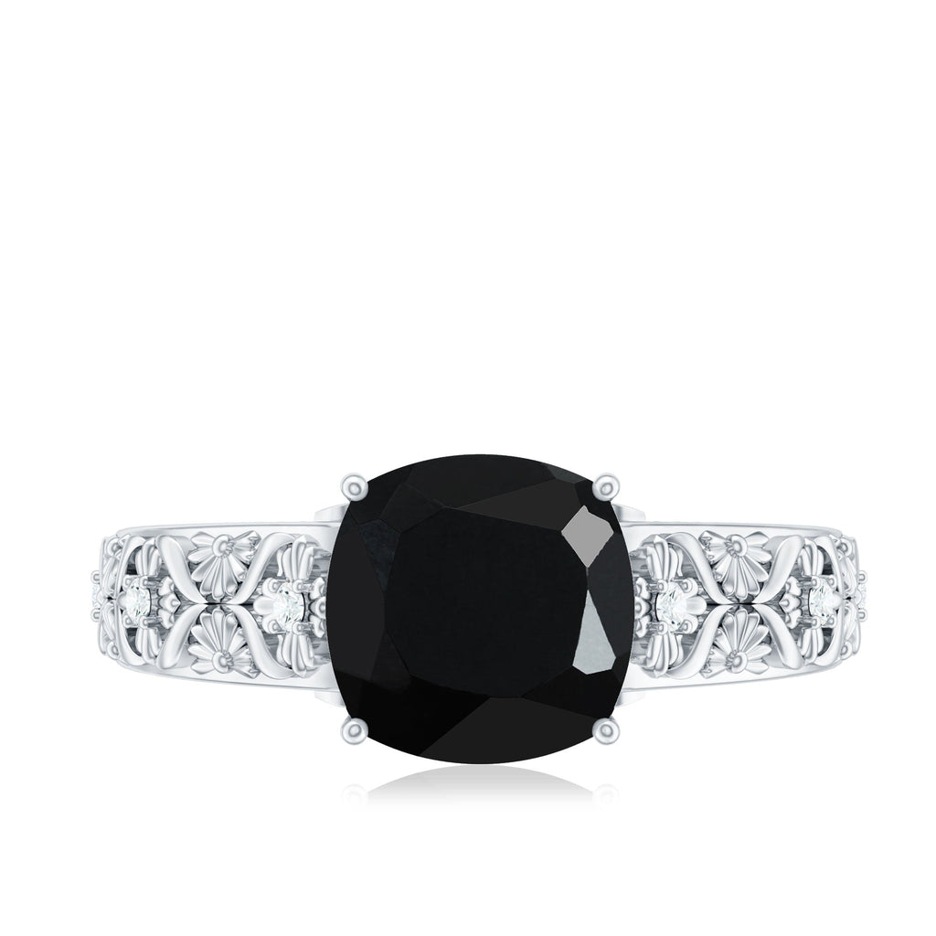 Cushion Cut 2.8 Carat Lab Grown Black Diamond Vintage Engagement Ring with White Diamond