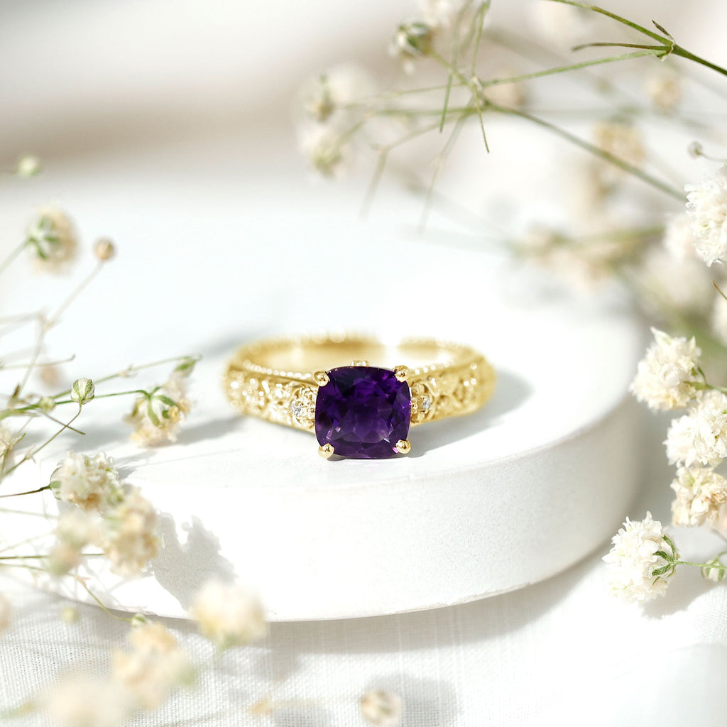 Vintage Inspired 2 Carat Amethyst Cushion Cut Engagement Ring with Diamond