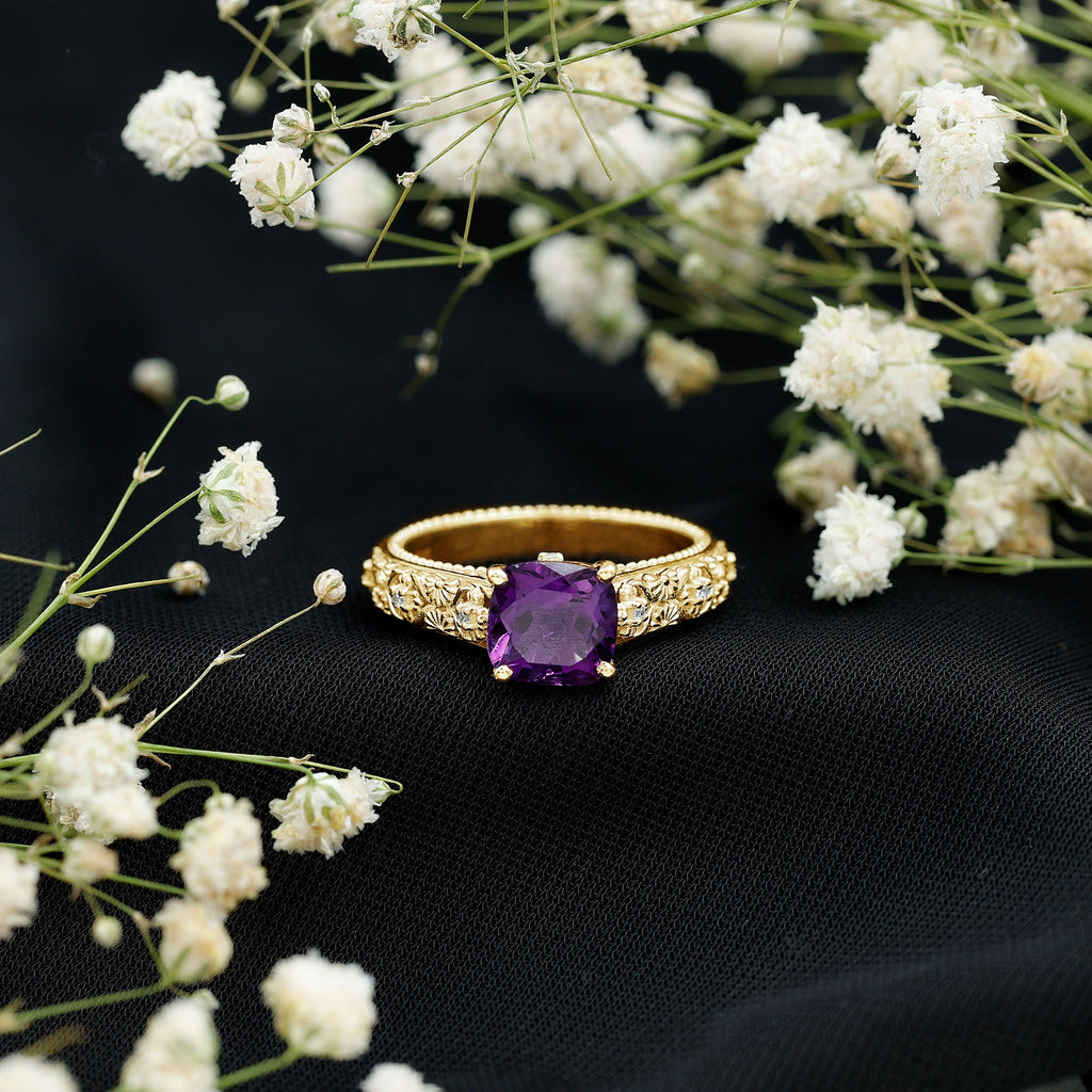 Vintage Inspired 2 Carat Amethyst Cushion Cut Engagement Ring with Diamond