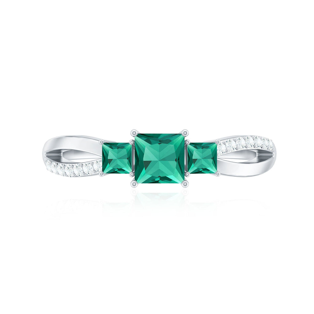 Certified Princess Cut Lab Grown Emerald 3 Stone Promise Ring with Diamond