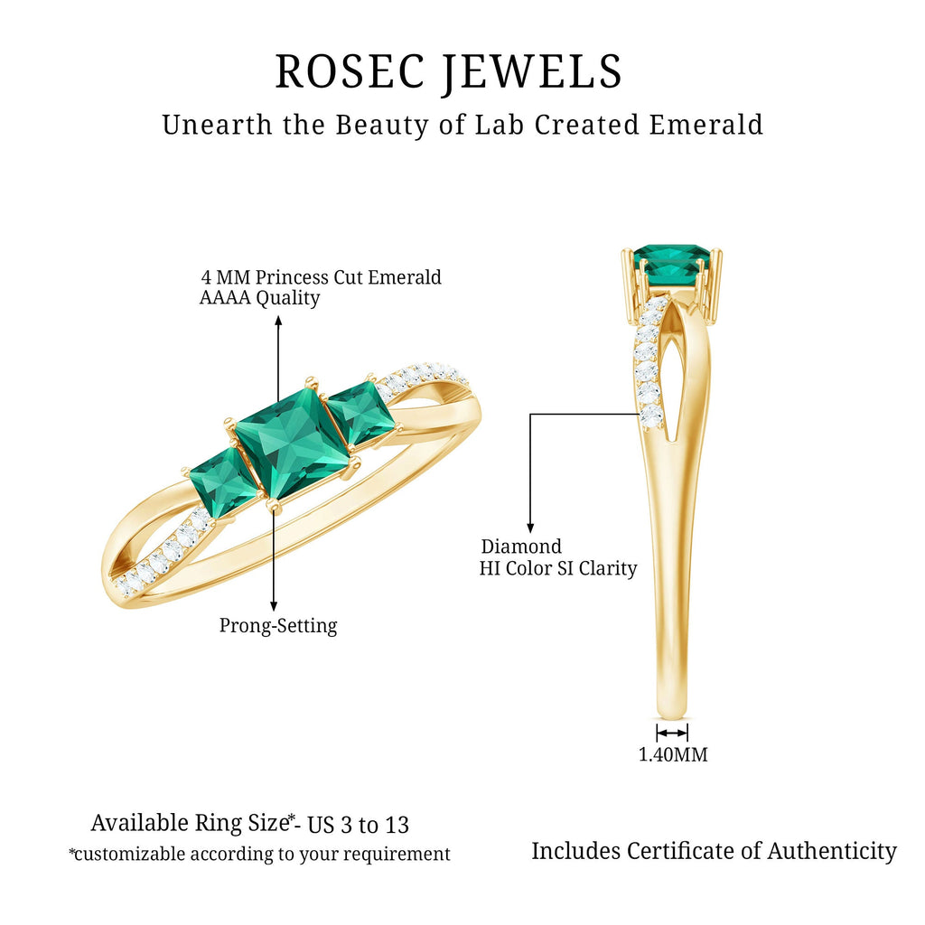 Certified Princess Cut Lab Grown Emerald 3 Stone Promise Ring with Diamond