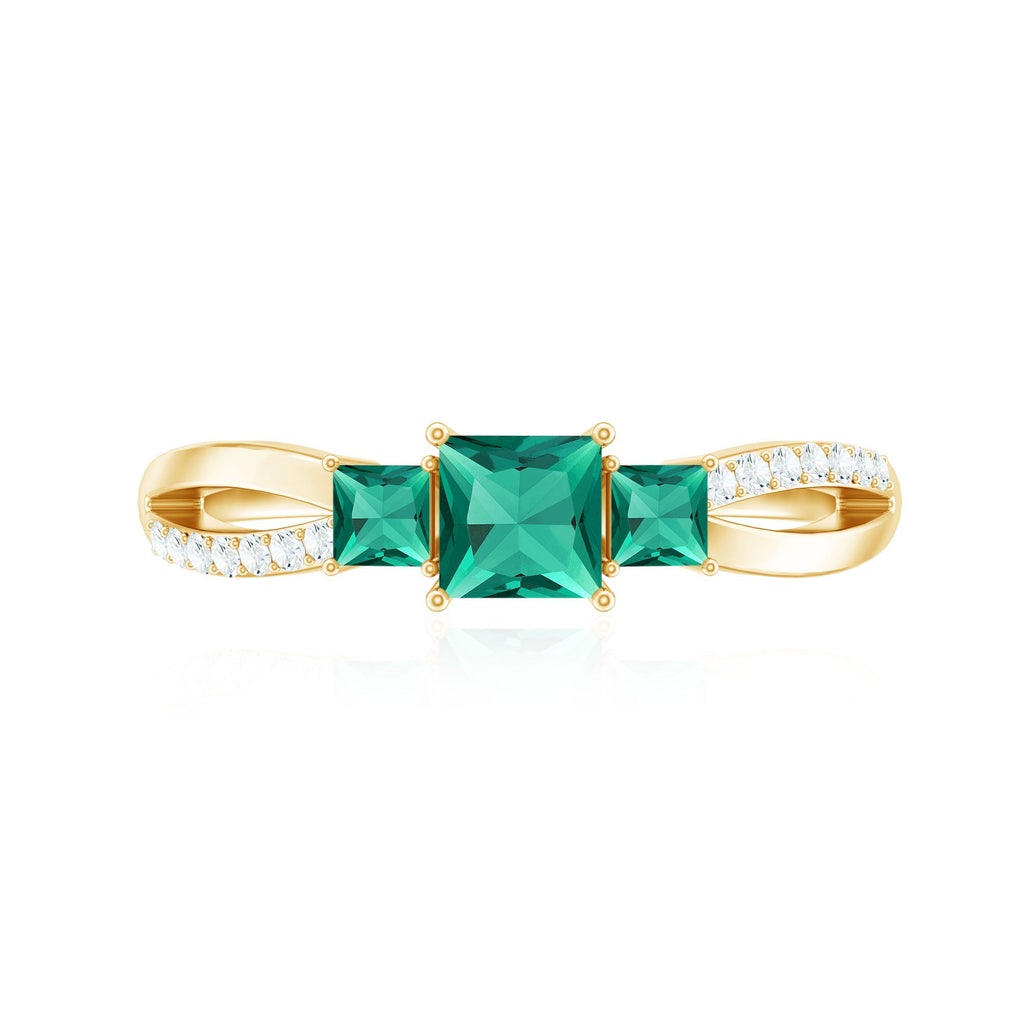 Certified Princess Cut Lab Grown Emerald 3 Stone Promise Ring with Diamond