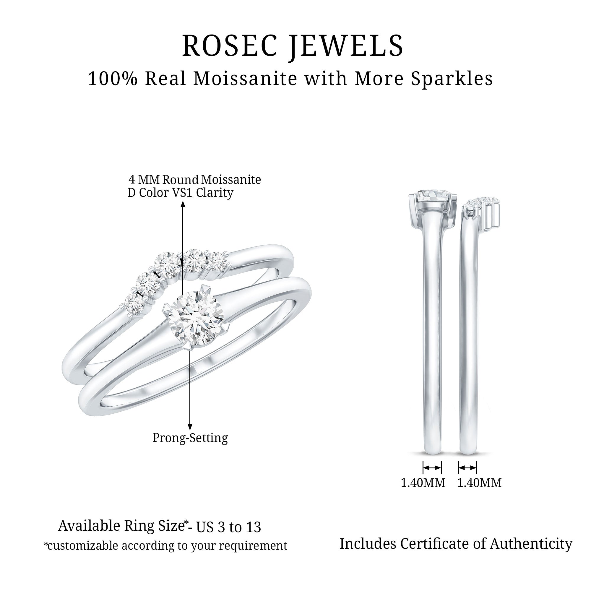 Round Cut Moissanite Engagement Ring with Wedding Band
