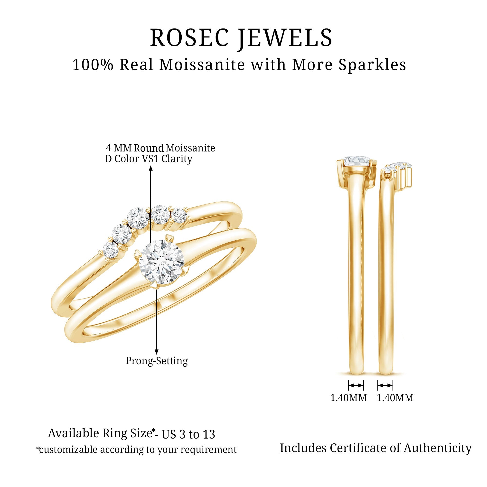 Round Cut Moissanite Engagement Ring with Wedding Band