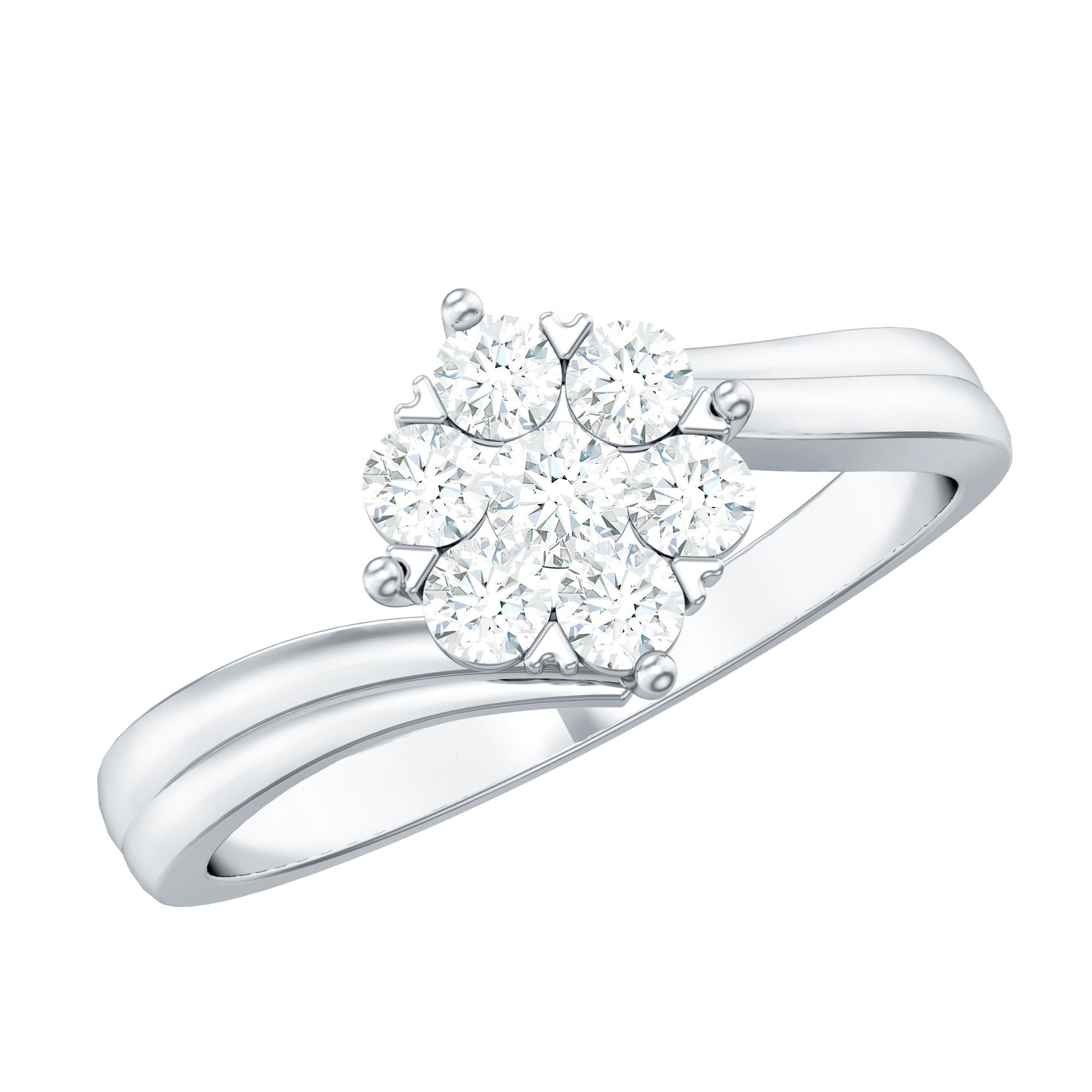Round Moissanite Flower Proposal Ring in Bypass Shank