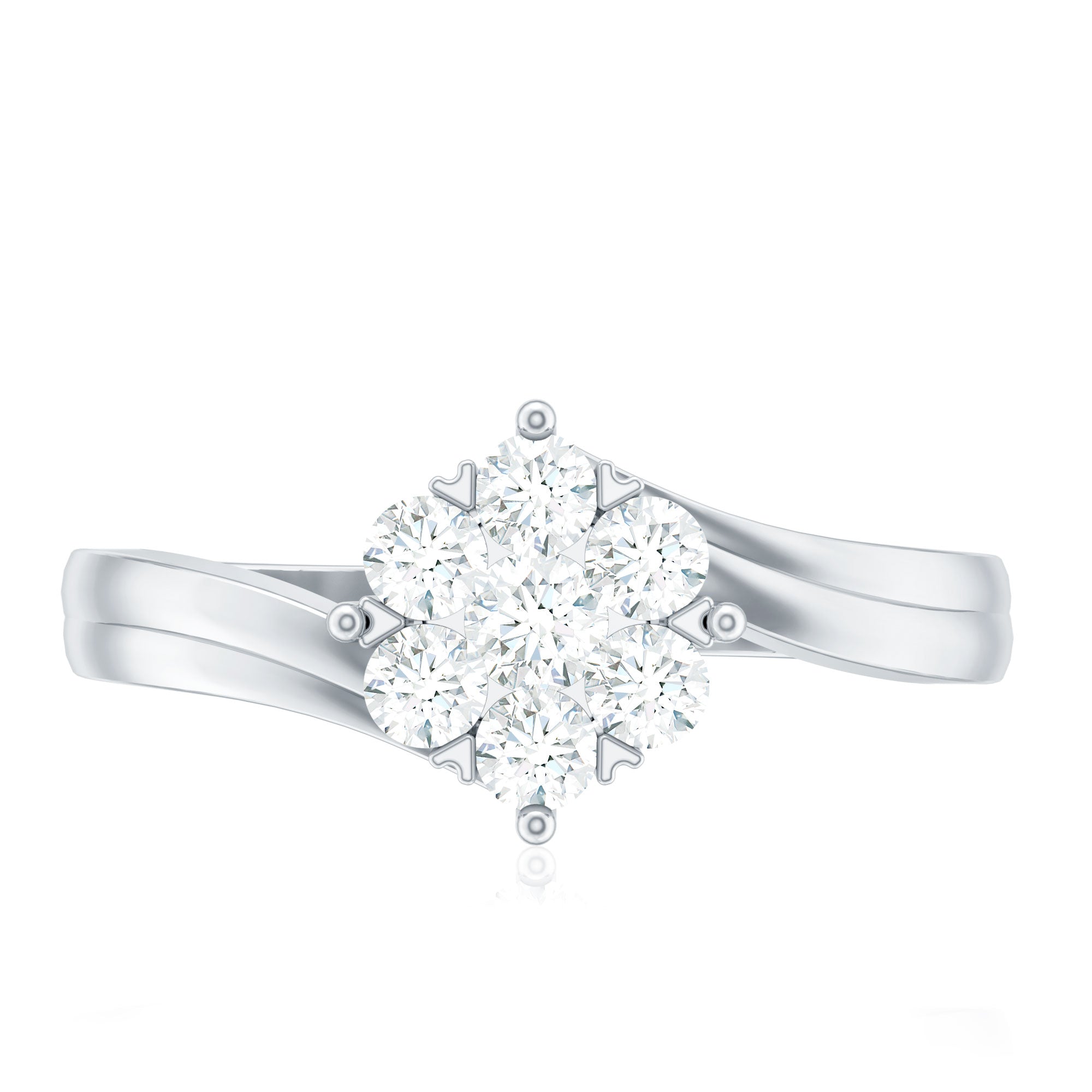 Round Moissanite Flower Proposal Ring in Bypass Shank