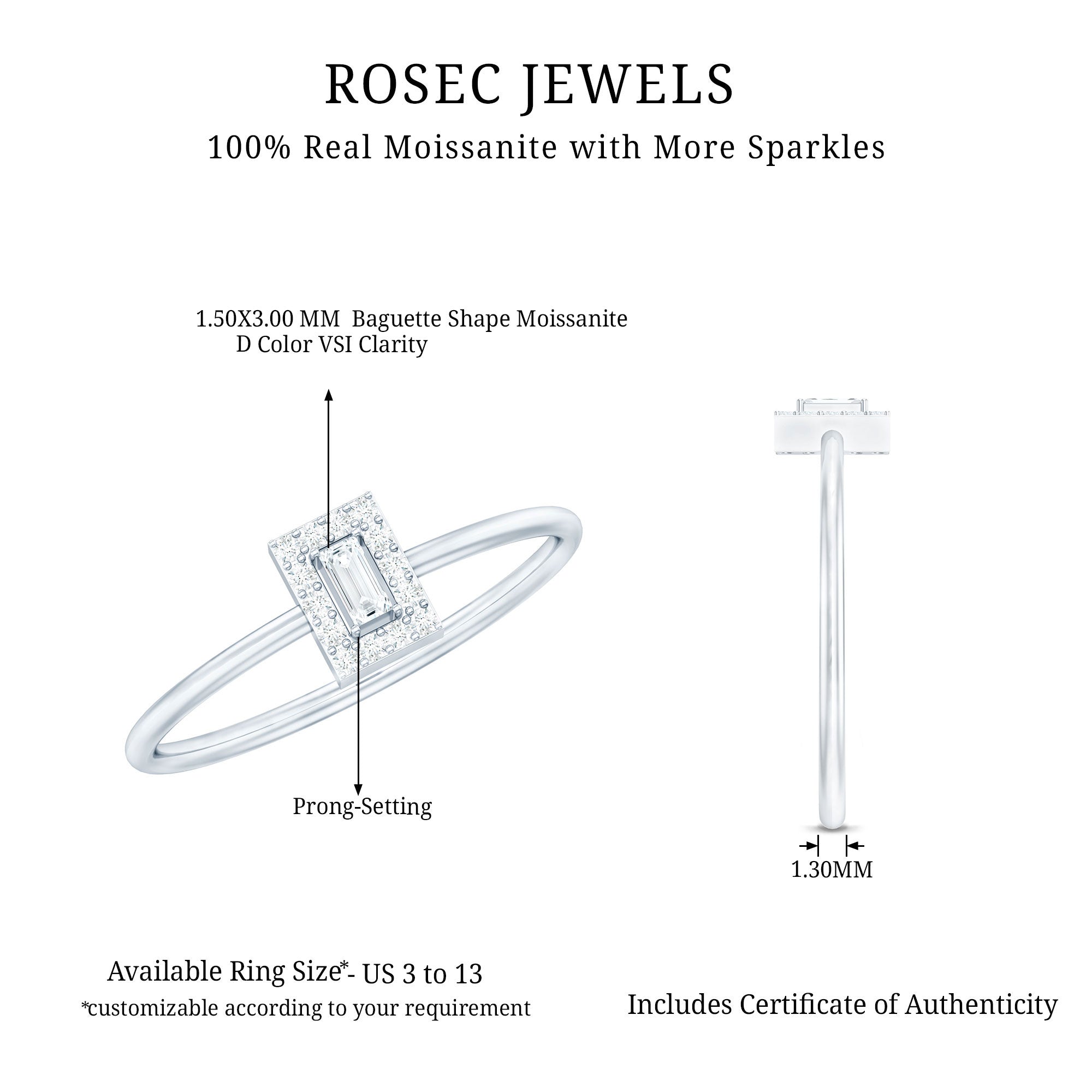 Dainty Baguette Cut Moissanite Promise Ring with Halo