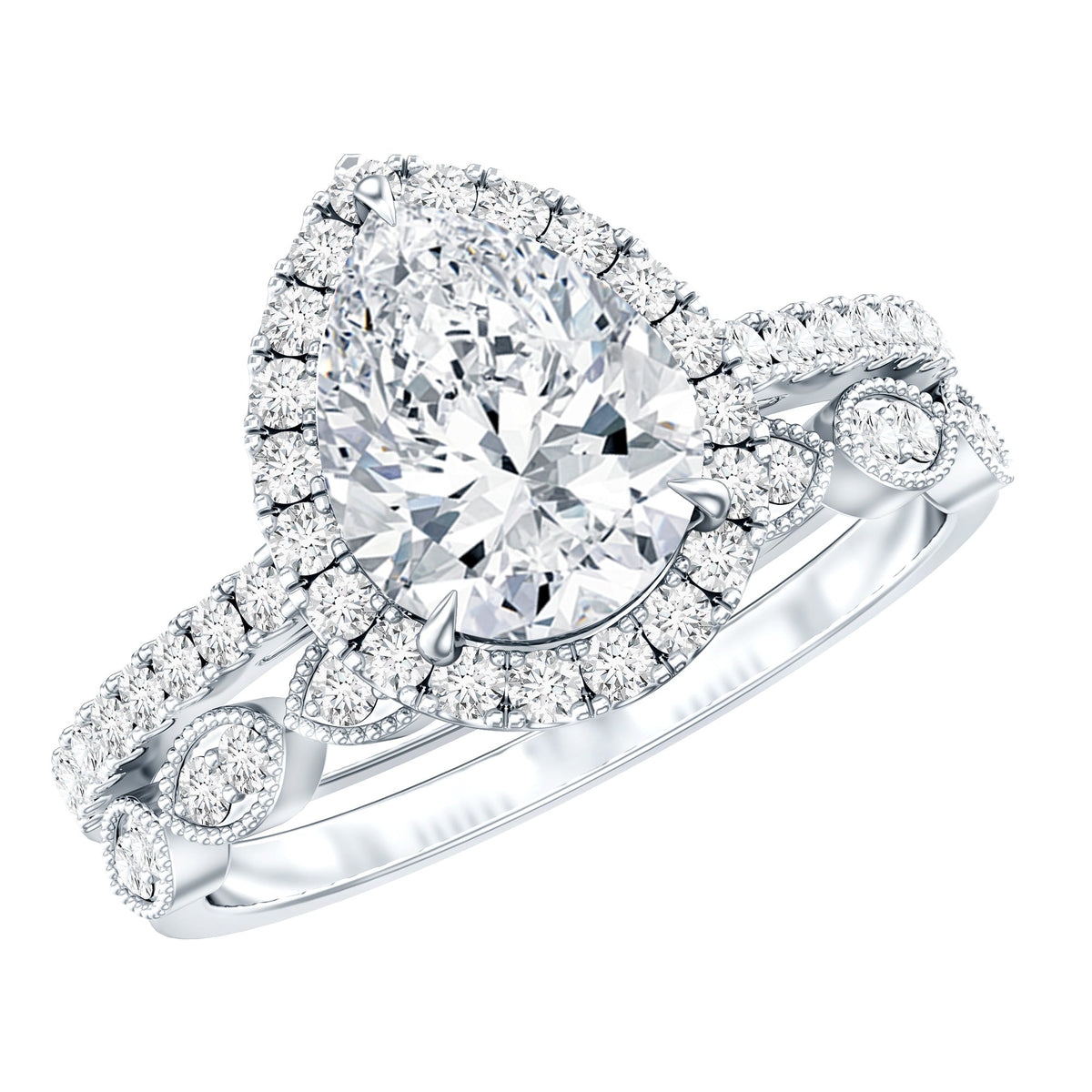 2 Carat Pear Shaped Moissanite Designer Wedding Ring Set for Women