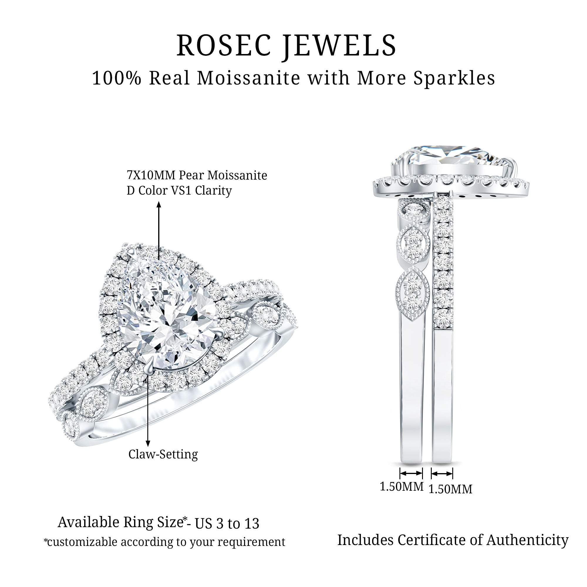 Certified Moissanite Teardrop Engagement Ring Set