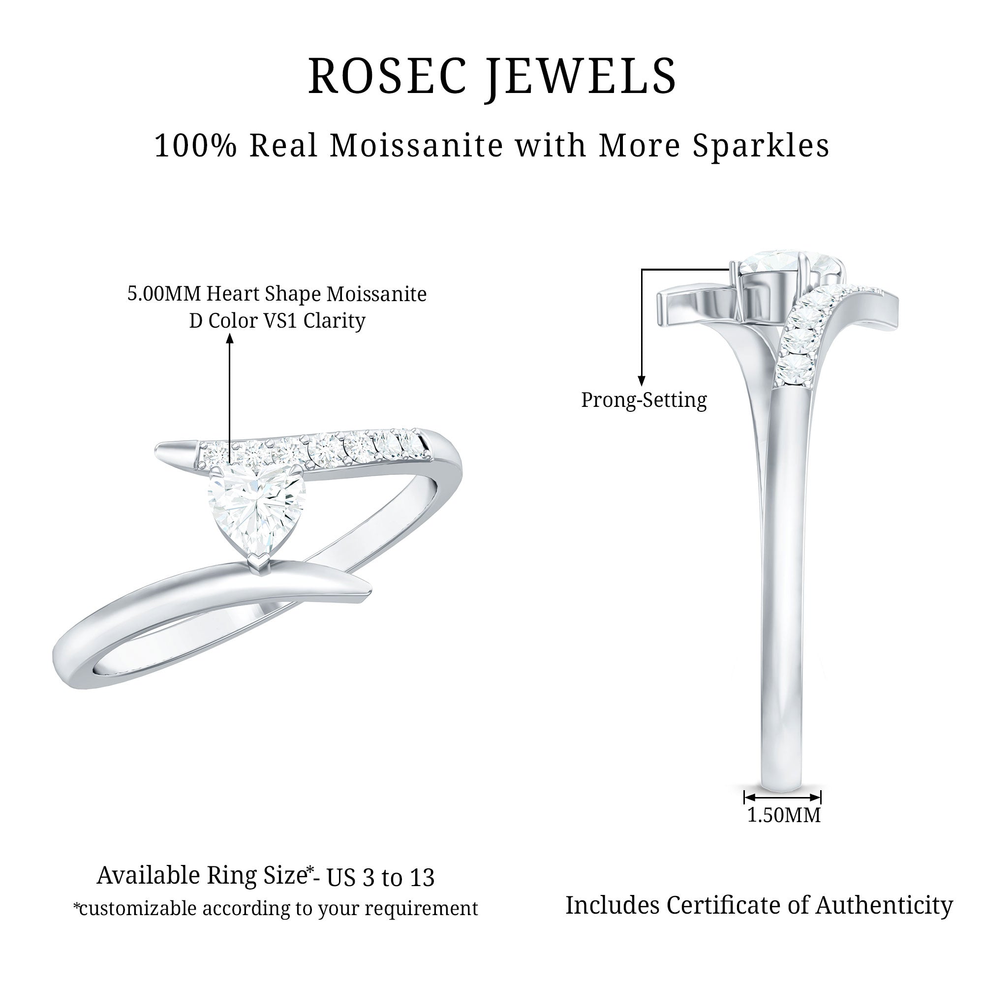 Certified Moissanite Heart Promise Ring in Bypass Shank
