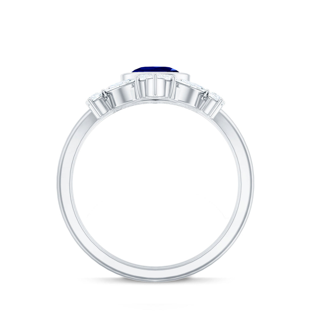 Vintage Looking 1.6 Carat Lab Grown Blue Sapphire 3 Piece Bridal Ring Set with Moissanite