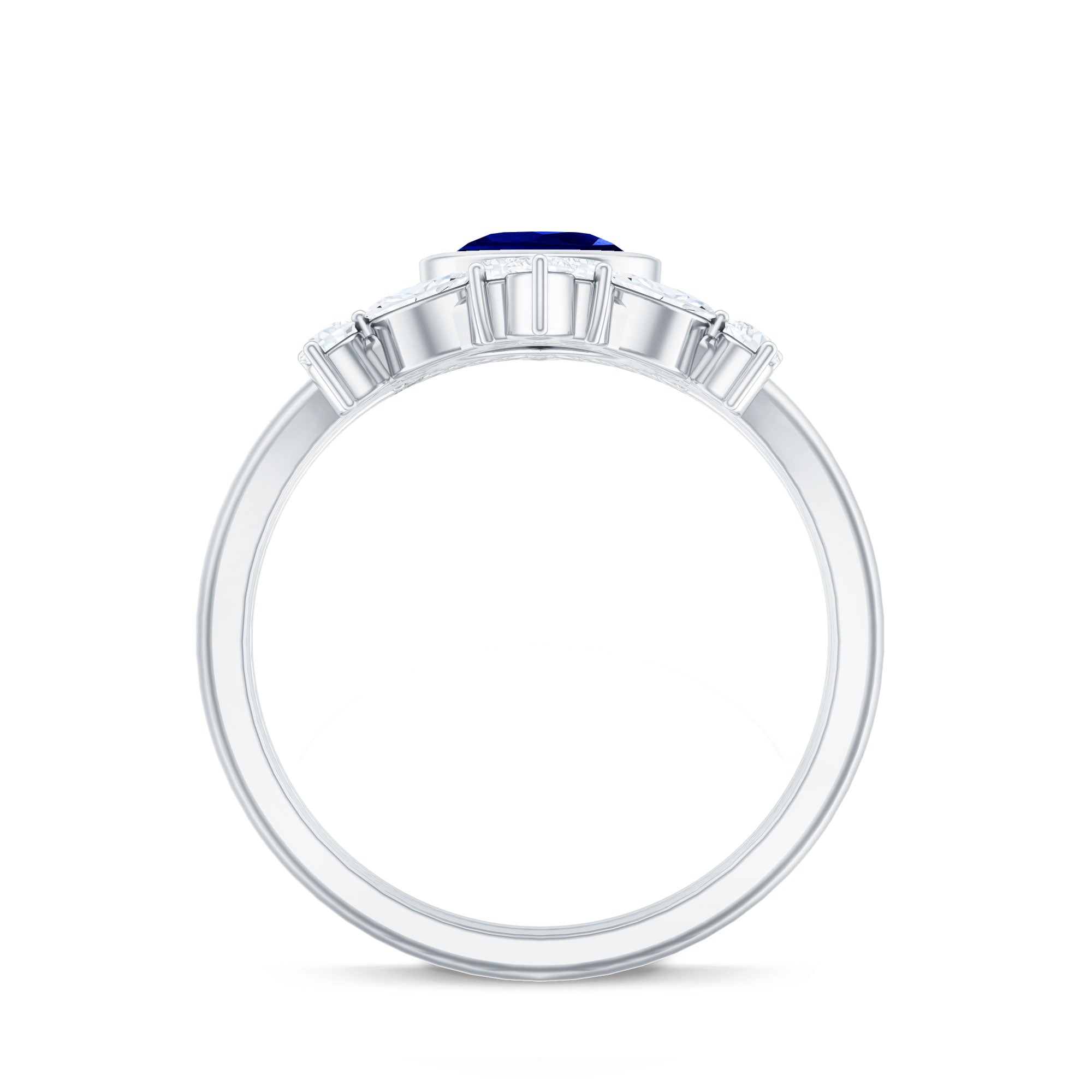 Vintage Looking 1.6 Carat Lab Grown Blue Sapphire 3 Piece Bridal Ring Set with Moissanite
