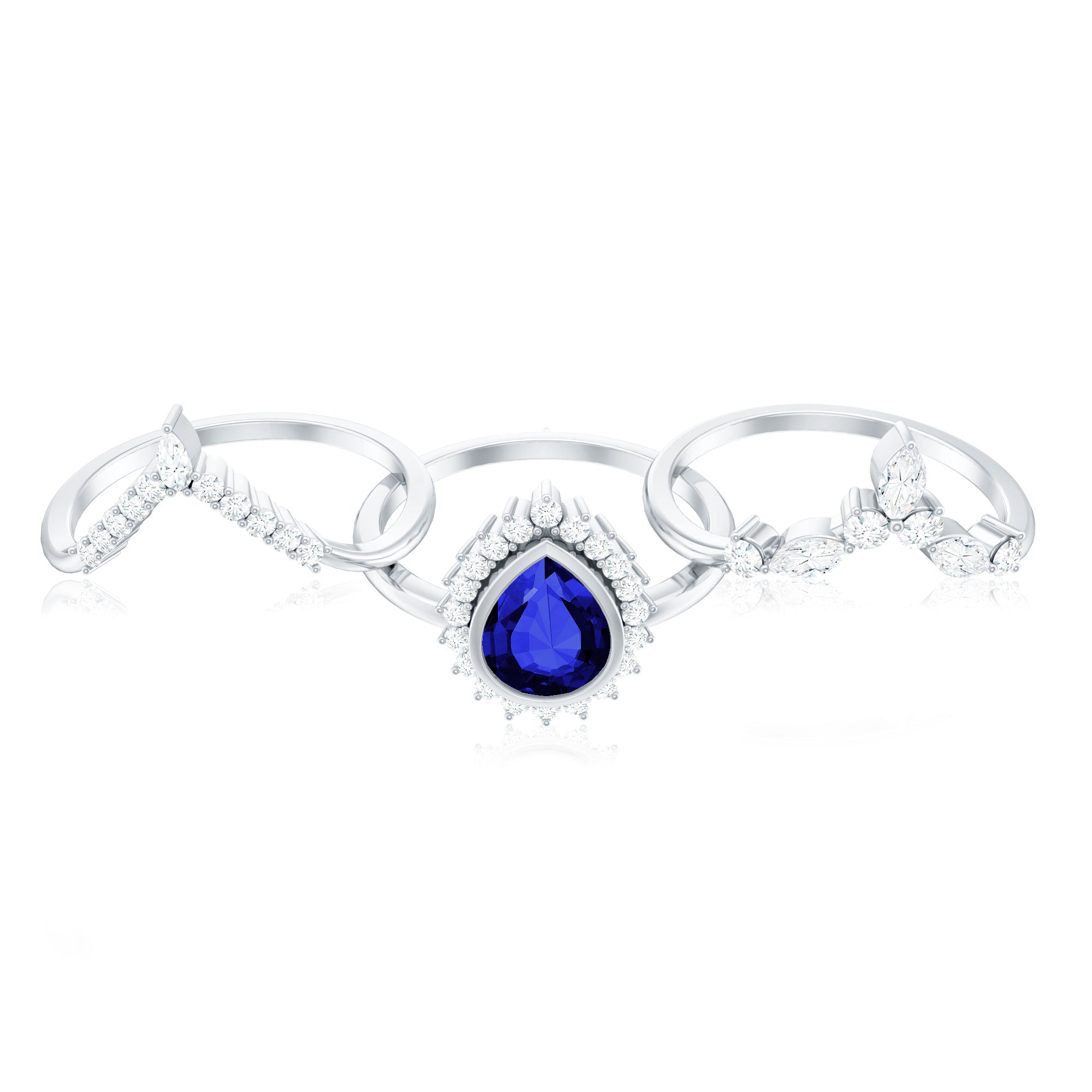 Vintage Looking 1.6 Carat Lab Grown Blue Sapphire 3 Piece Bridal Ring Set with Moissanite